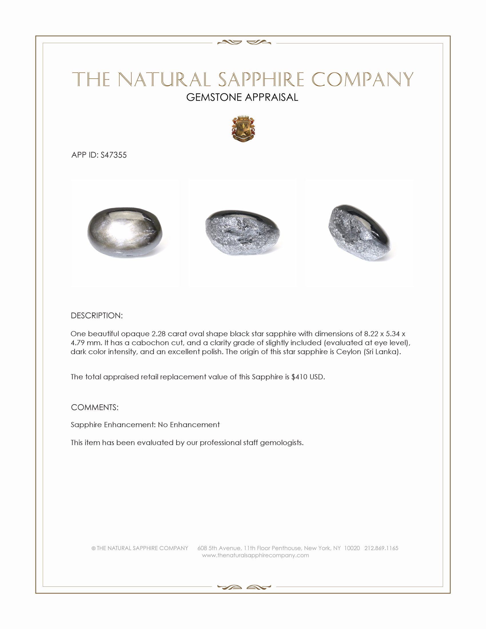 2.28 Ct. Black Star Sapphire from Ceylon (Sri Lanka)