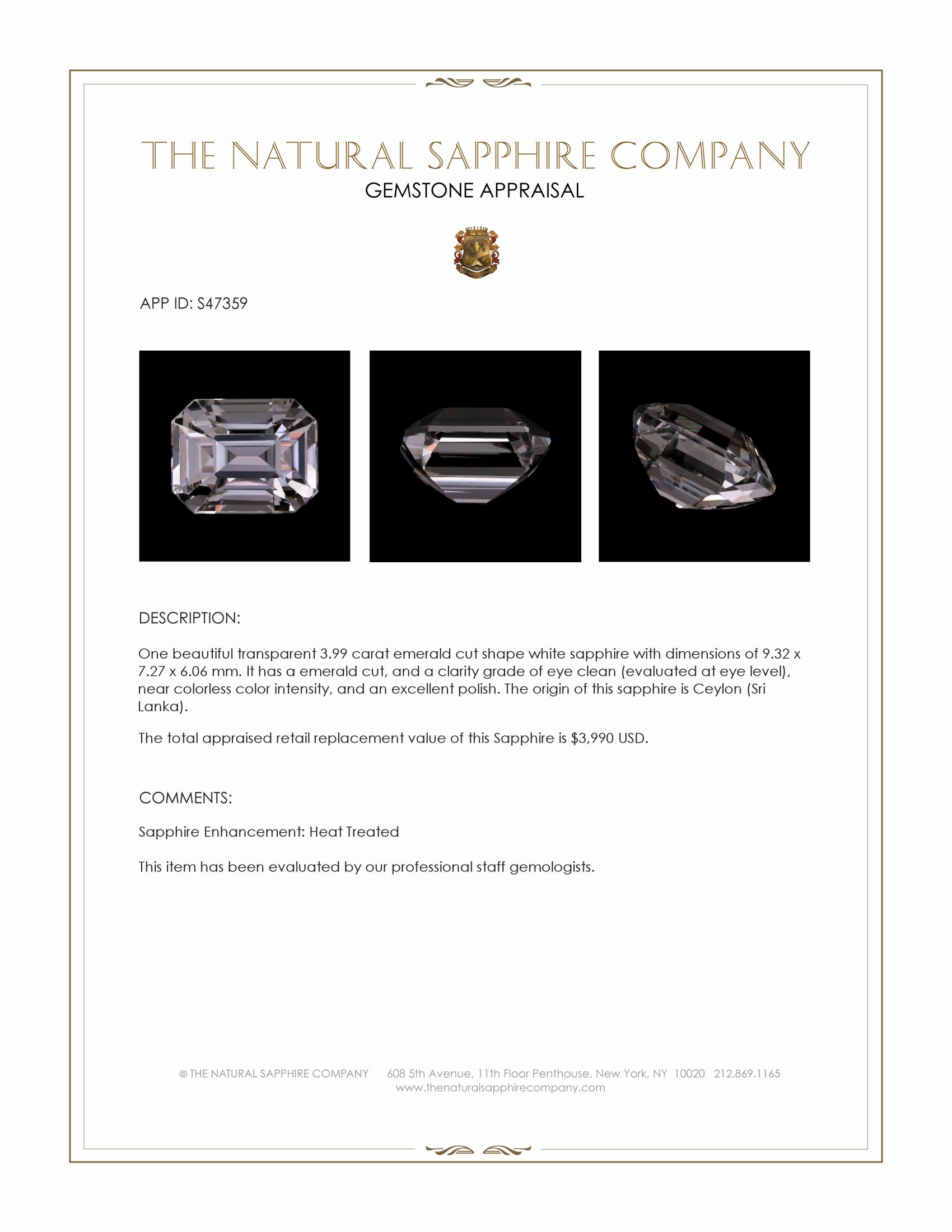 3.99 Ct. White Sapphire from Ceylon (Sri Lanka)