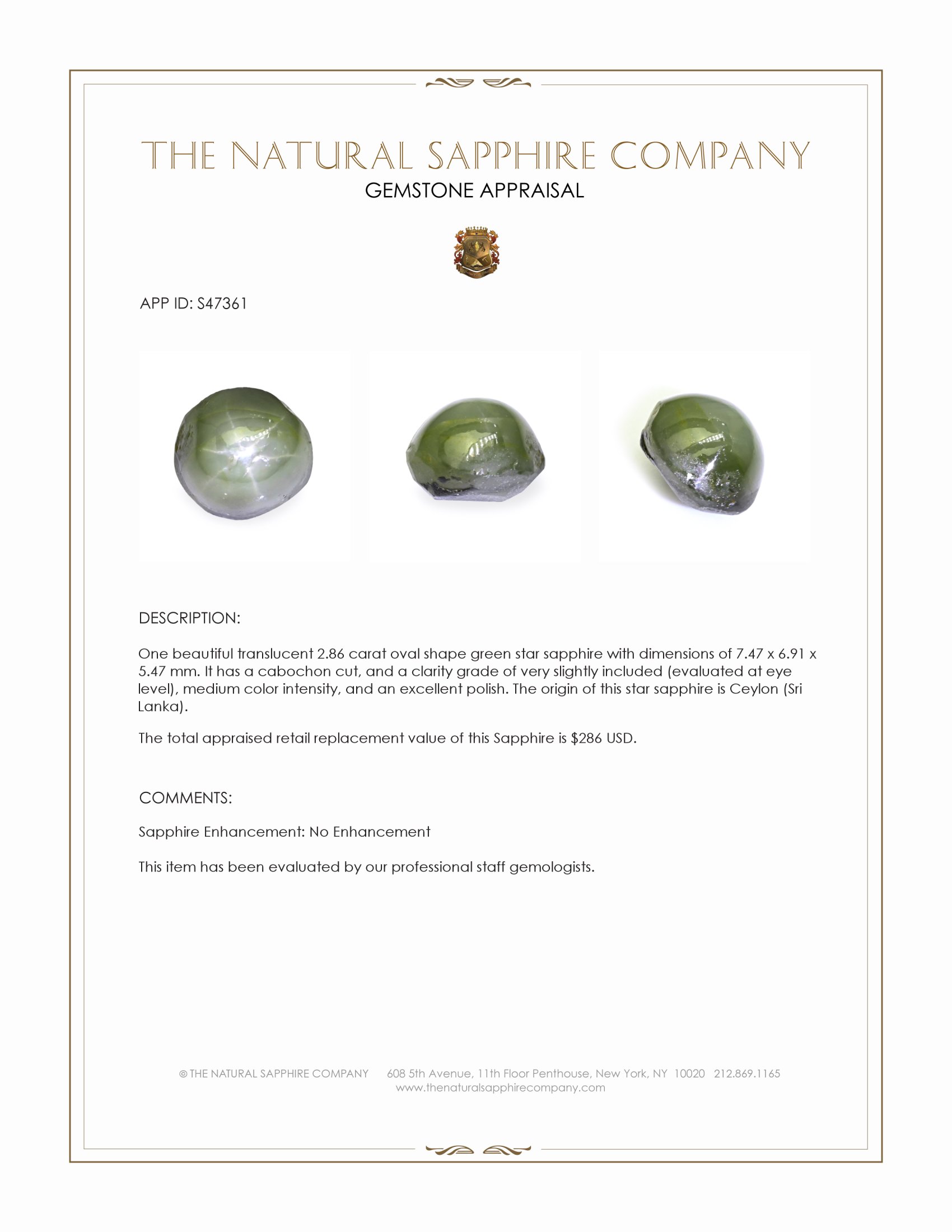 2.86 Ct. Green Star Sapphire from Ceylon (Sri Lanka)