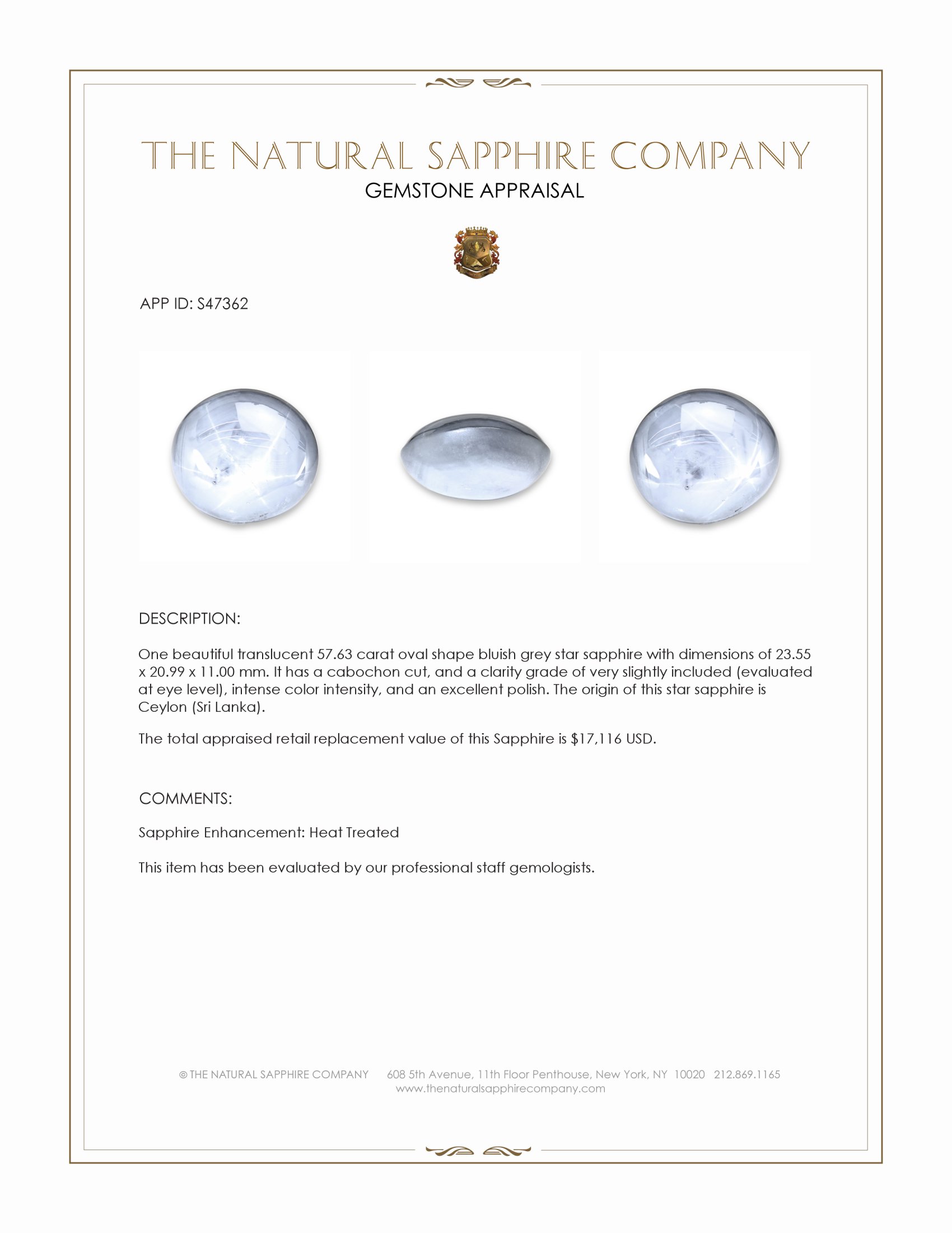 57.63 Ct. Bluish Grey Star Sapphire from Ceylon (Sri Lanka)