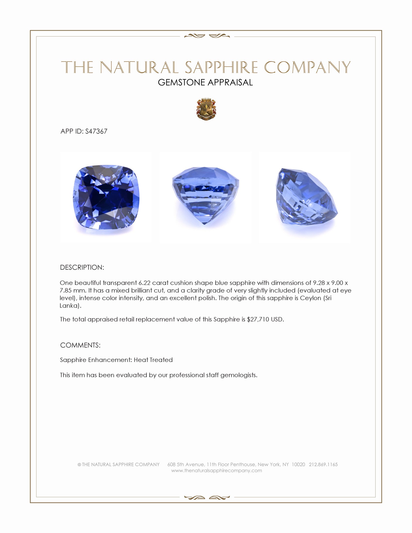 6.22 Ct. Blue Sapphire from Ceylon (Sri Lanka)
