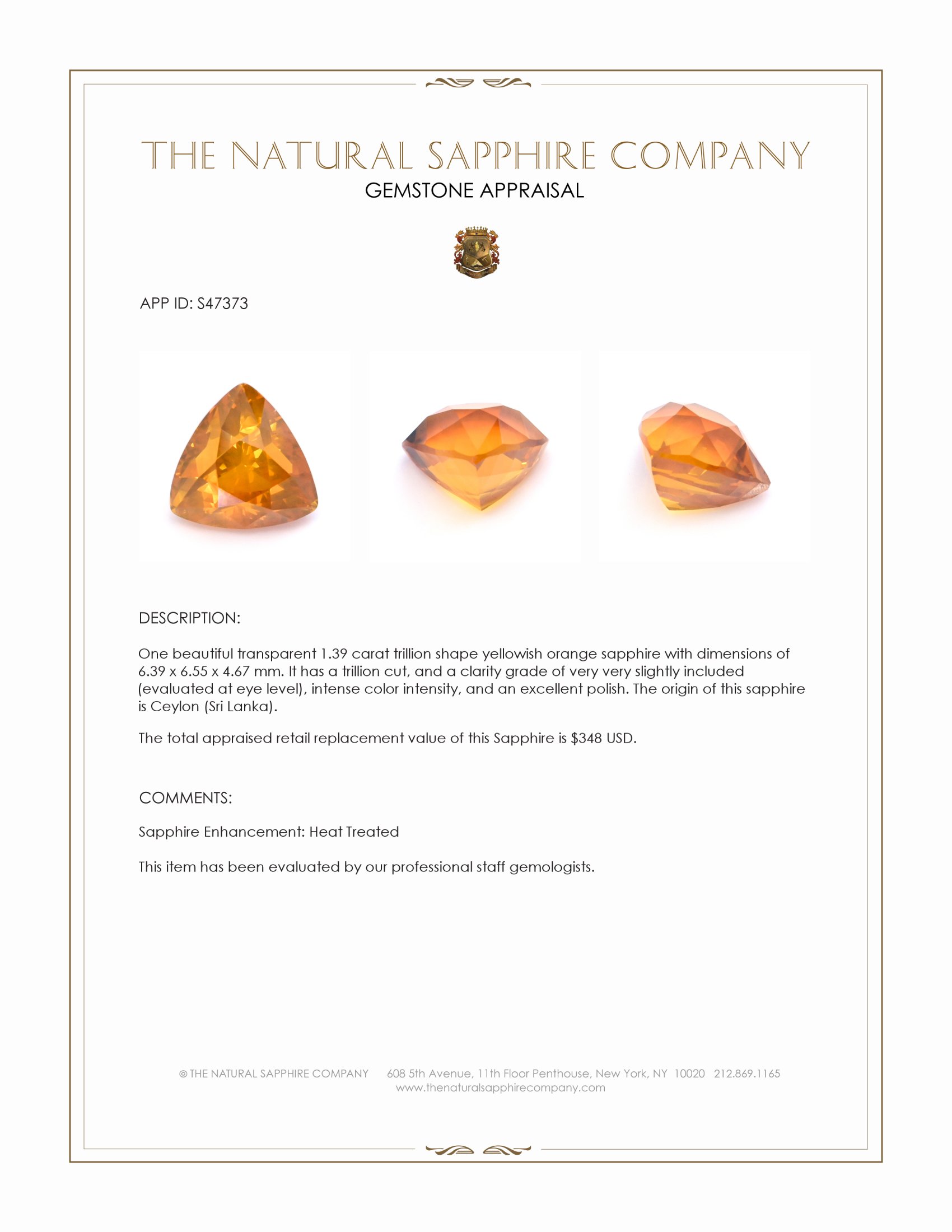 1.39 Ct. Yellowish Orange Sapphire from Ceylon (Sri Lanka)