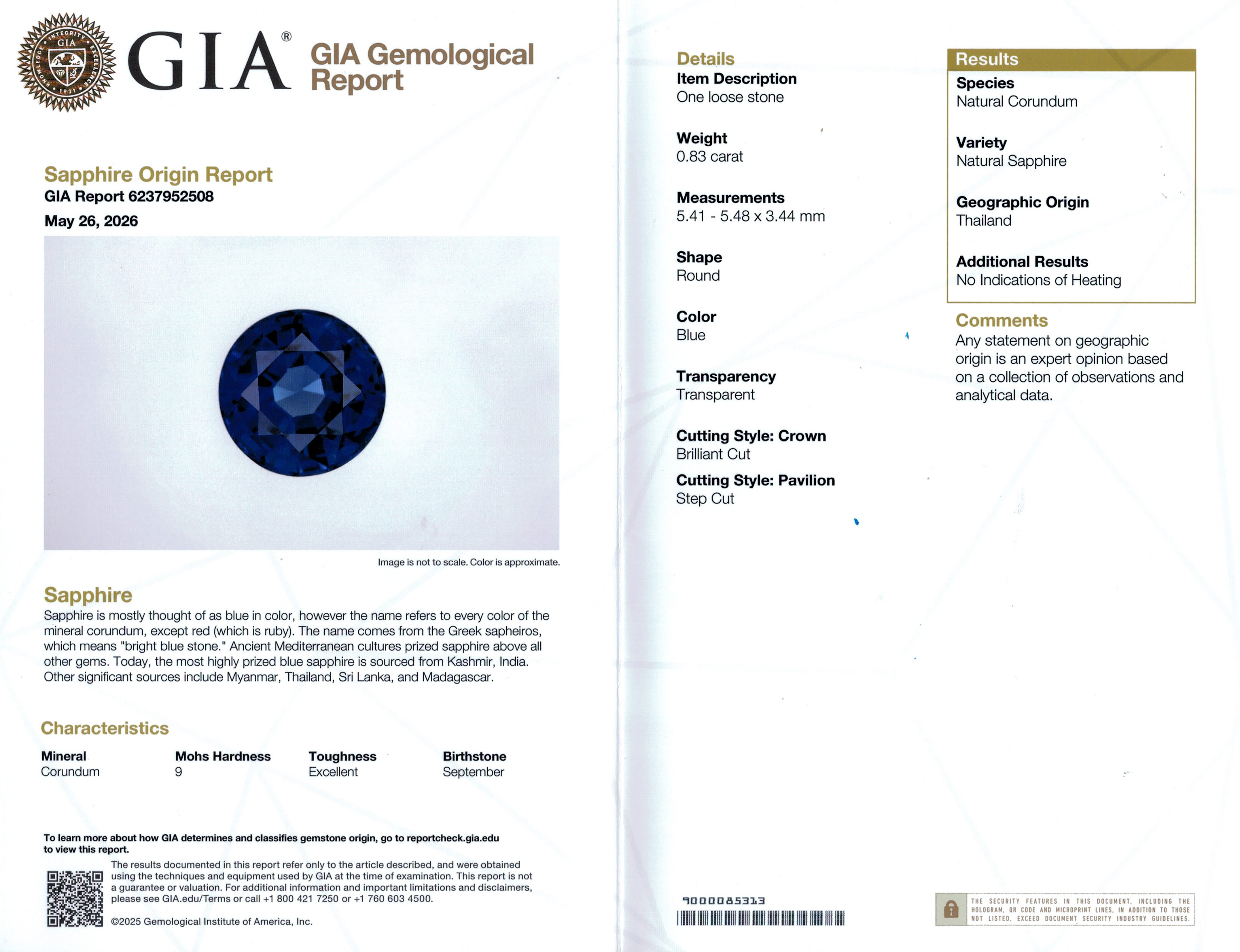 0.83 Ct. Blue Sapphire from Thailand