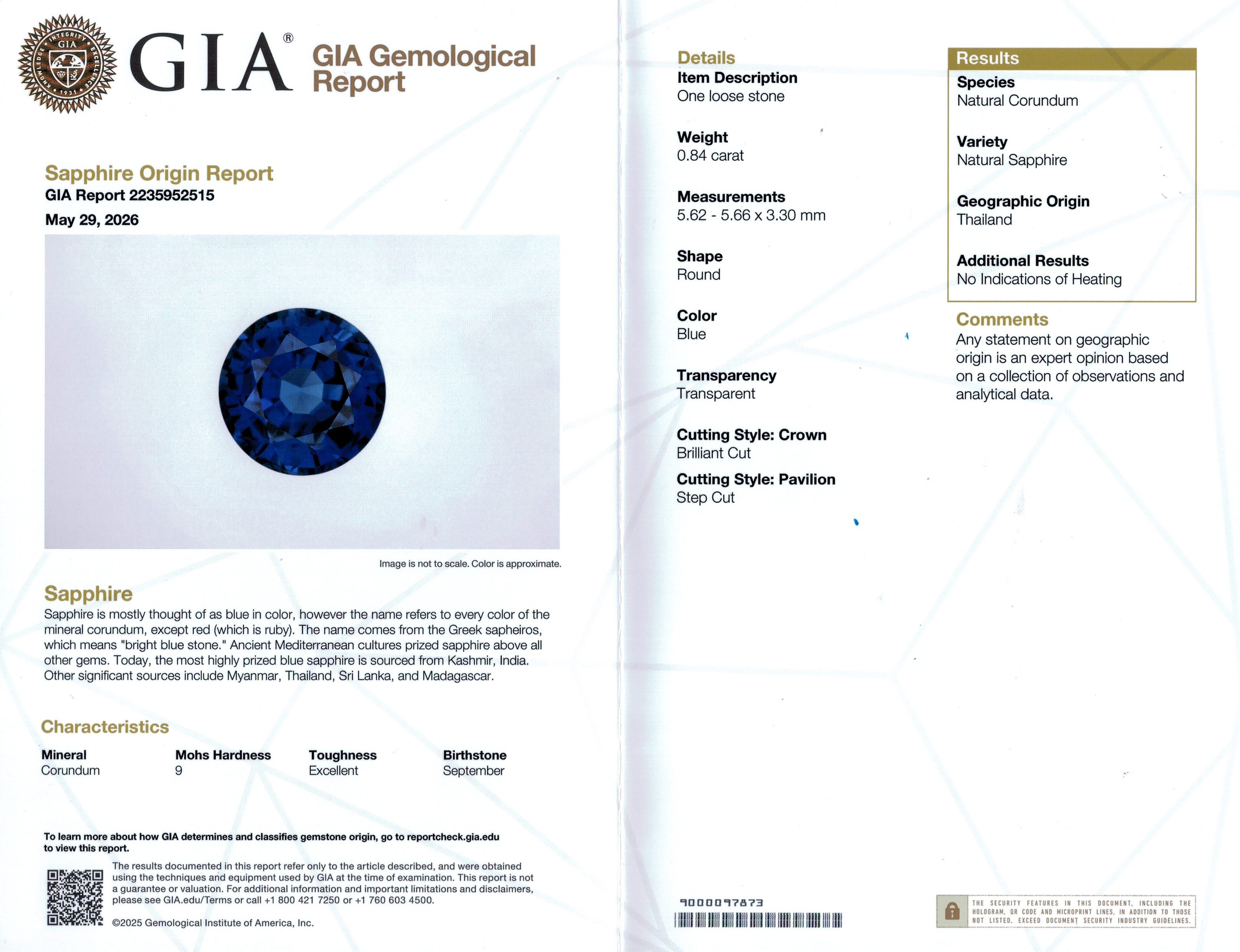 0.84 Ct. Blue Sapphire from Thailand