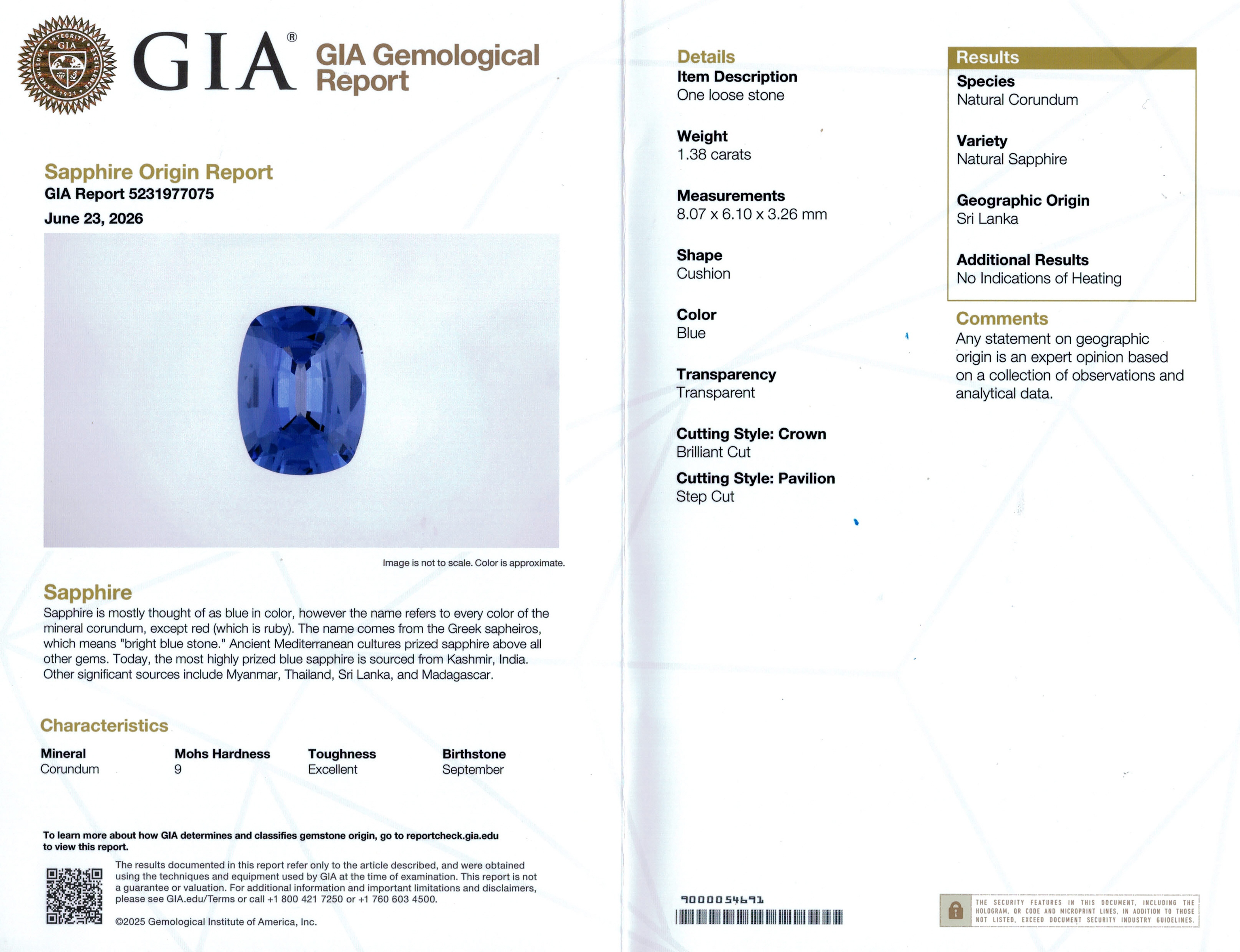 1.38 Ct. Blue Sapphire from Ceylon (Sri Lanka)