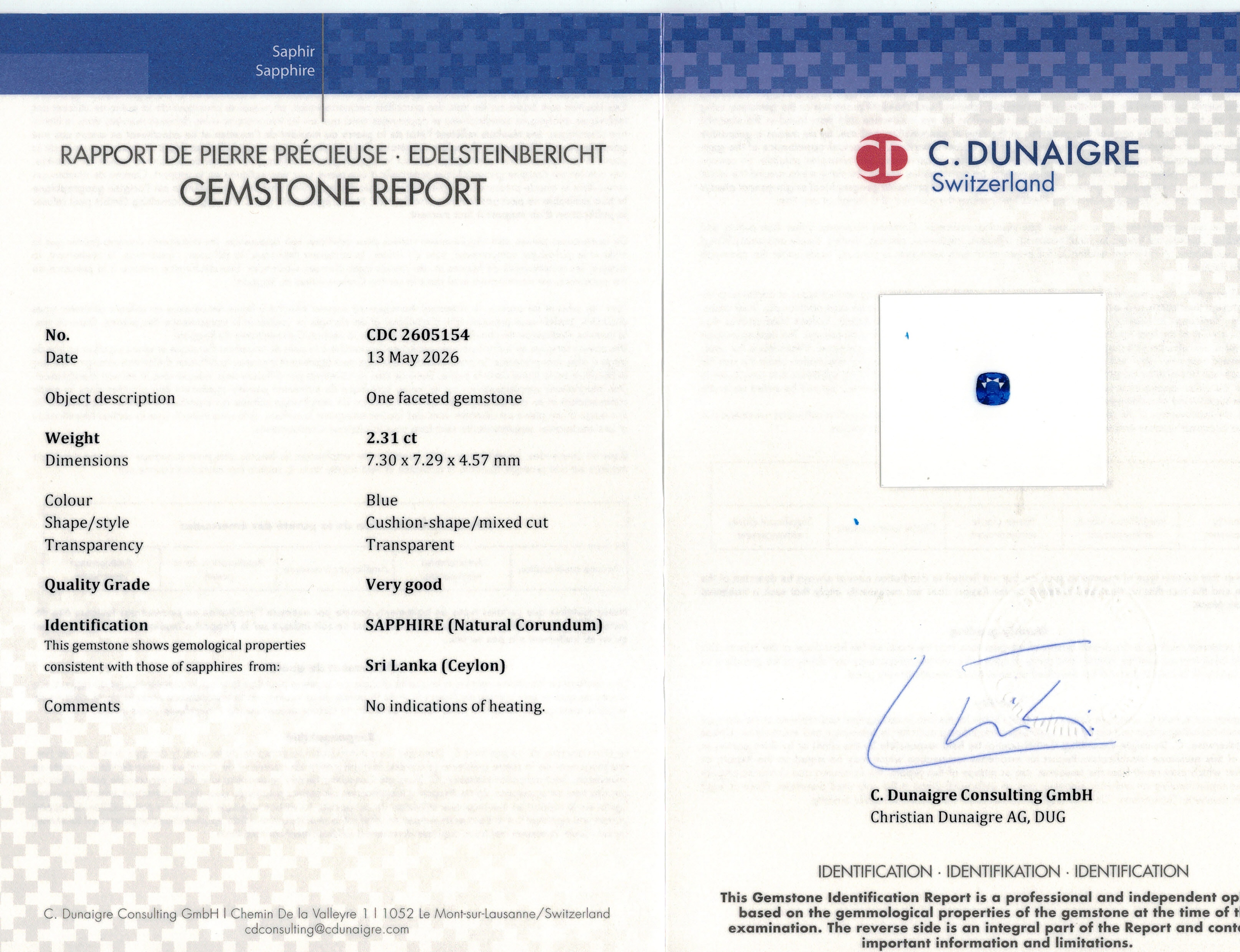 2.31 Ct. Blue Sapphire from Ceylon (Sri Lanka)