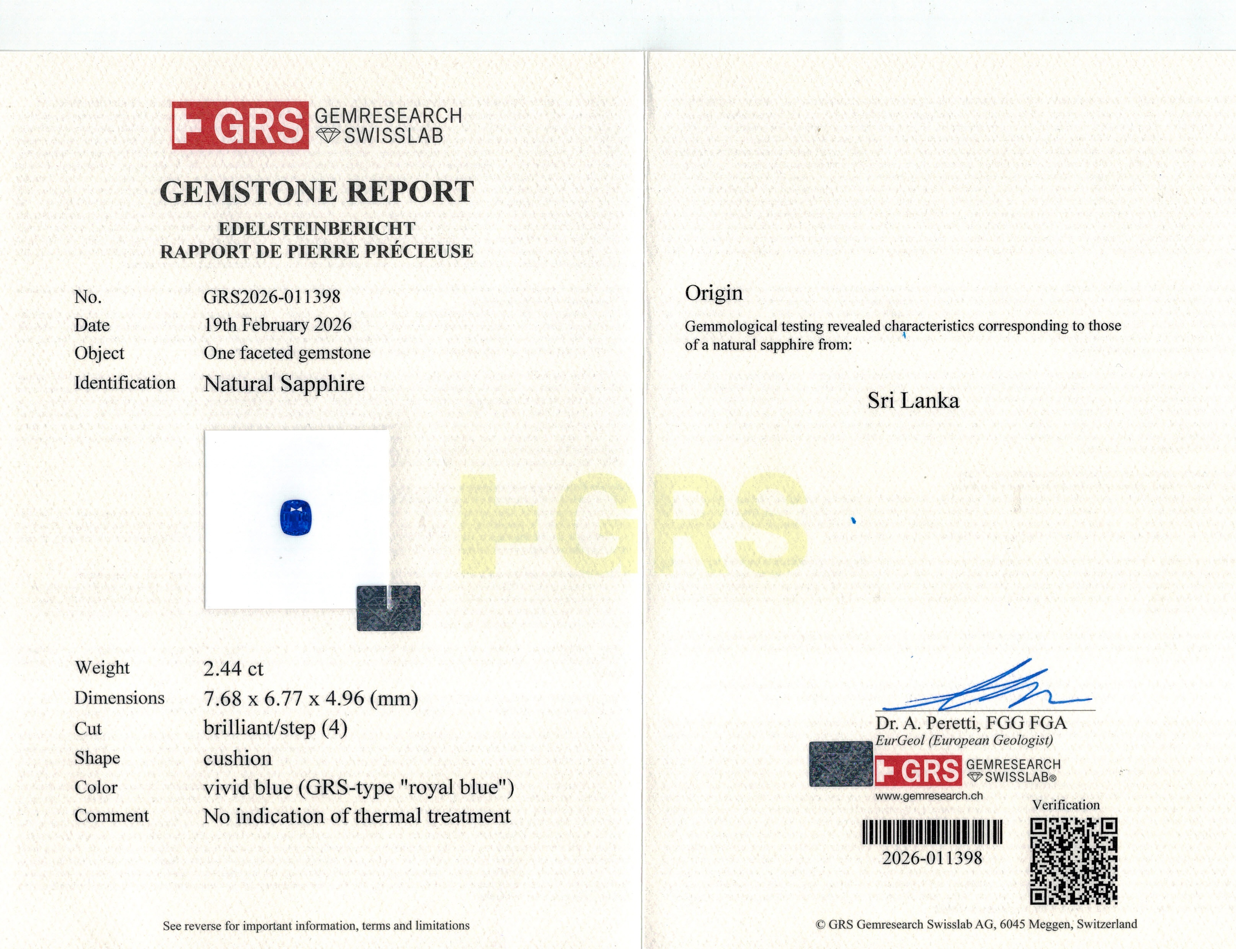 2.44 Ct. Blue Sapphire from Ceylon (Sri Lanka)