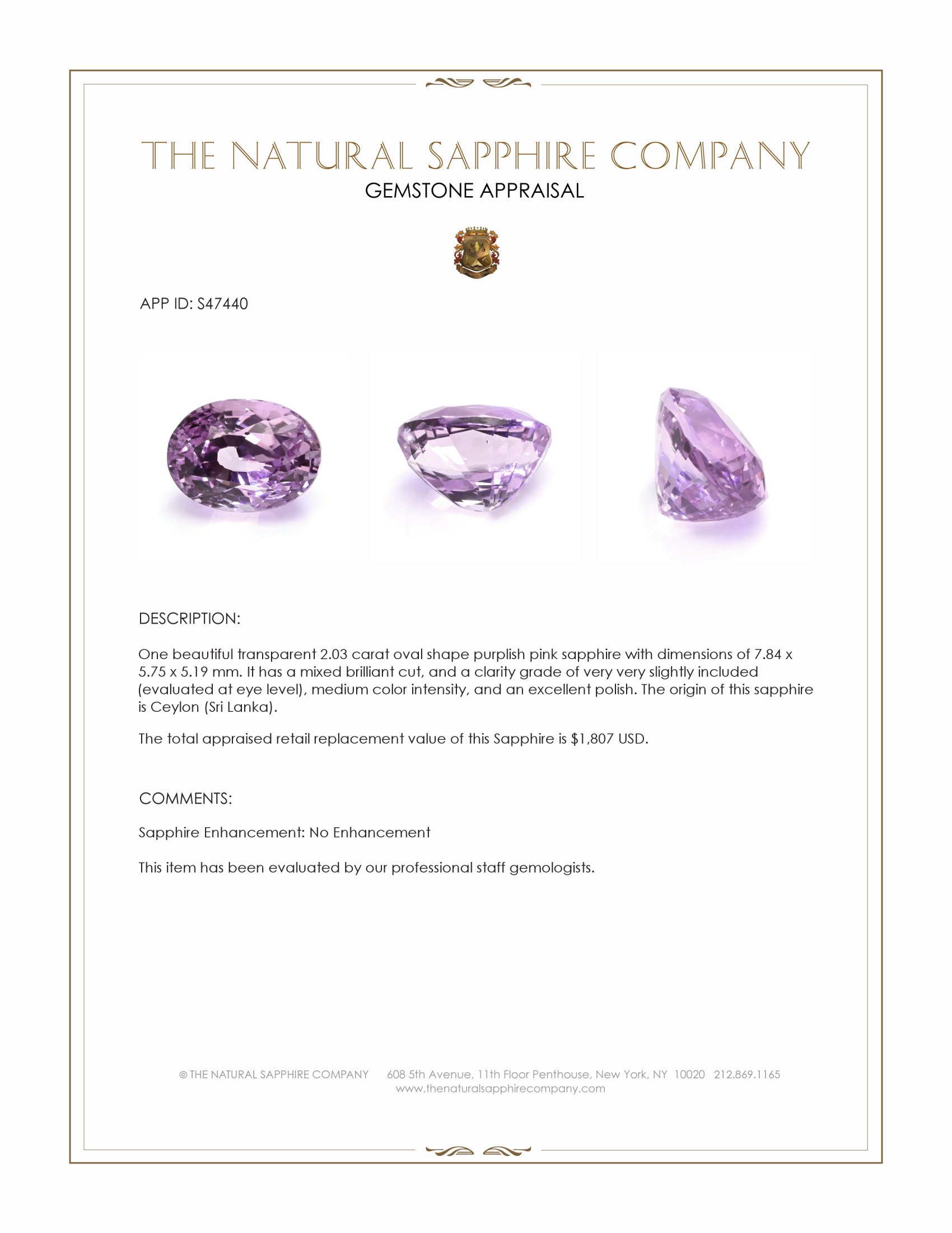 2.03 Ct. Purplish Pink Sapphire from Ceylon (Sri Lanka)