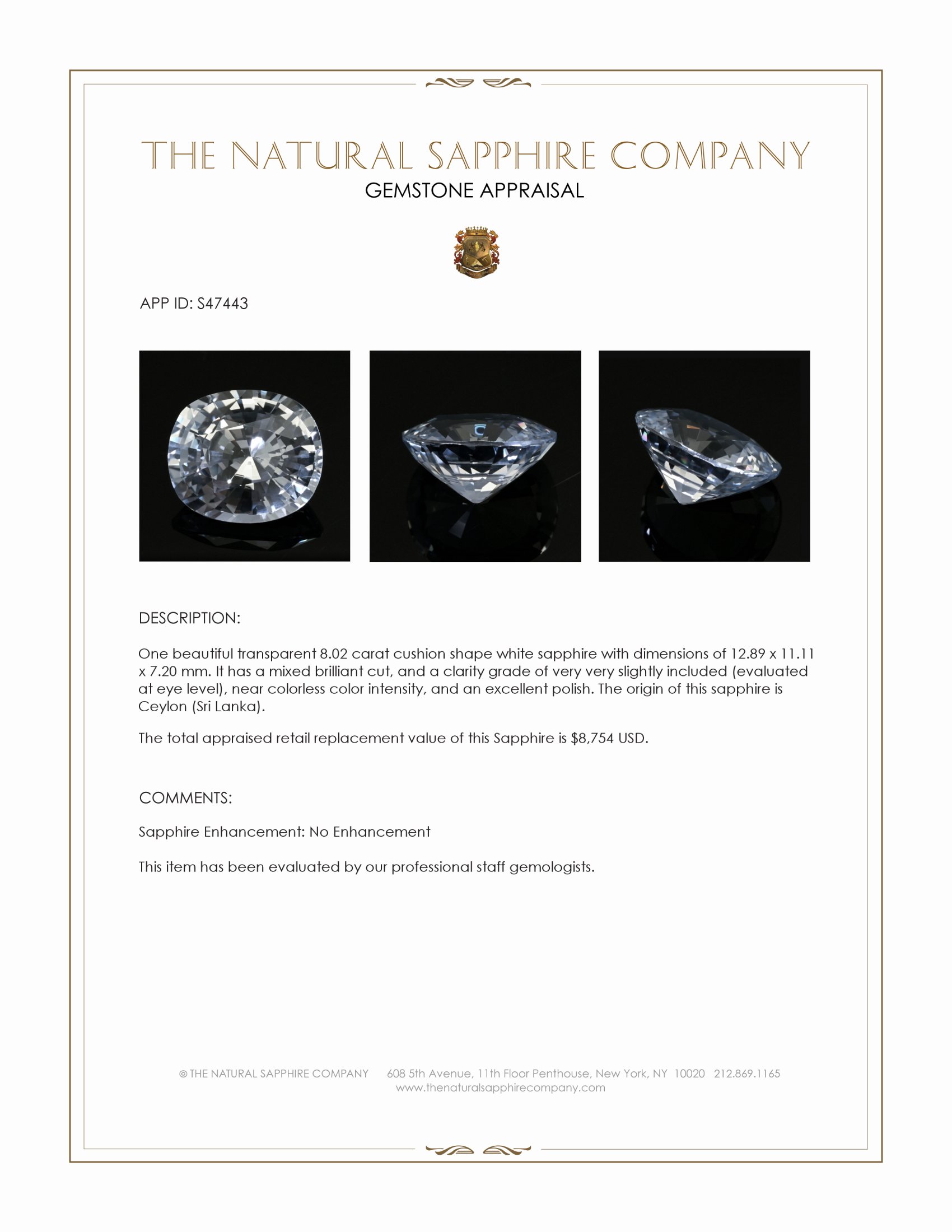 8.02 Ct. White Sapphire from Ceylon (Sri Lanka)