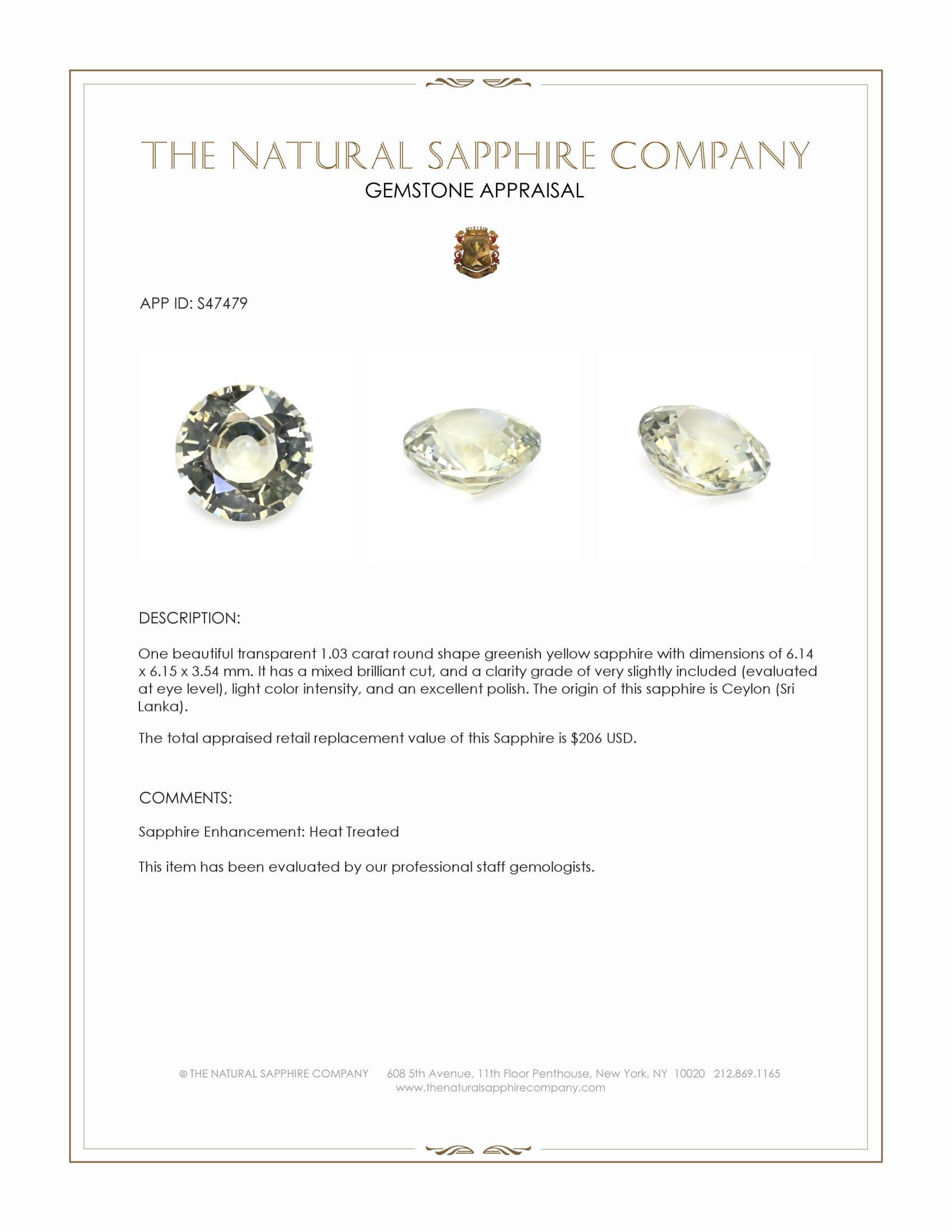 1.03 Ct. Greenish Yellow Sapphire from Ceylon (Sri Lanka)