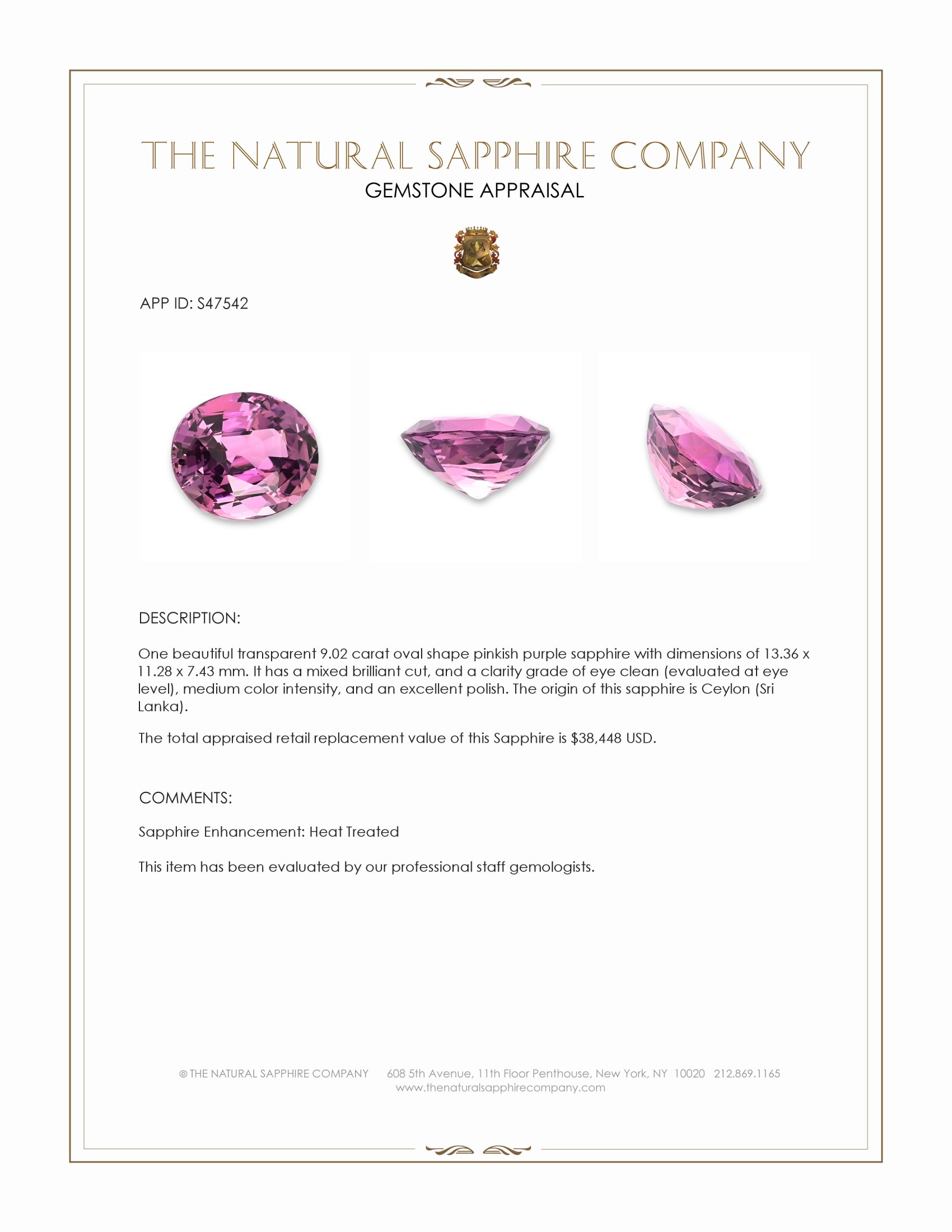 9.02 Ct. Pinkish Purple Sapphire from Ceylon (Sri Lanka)