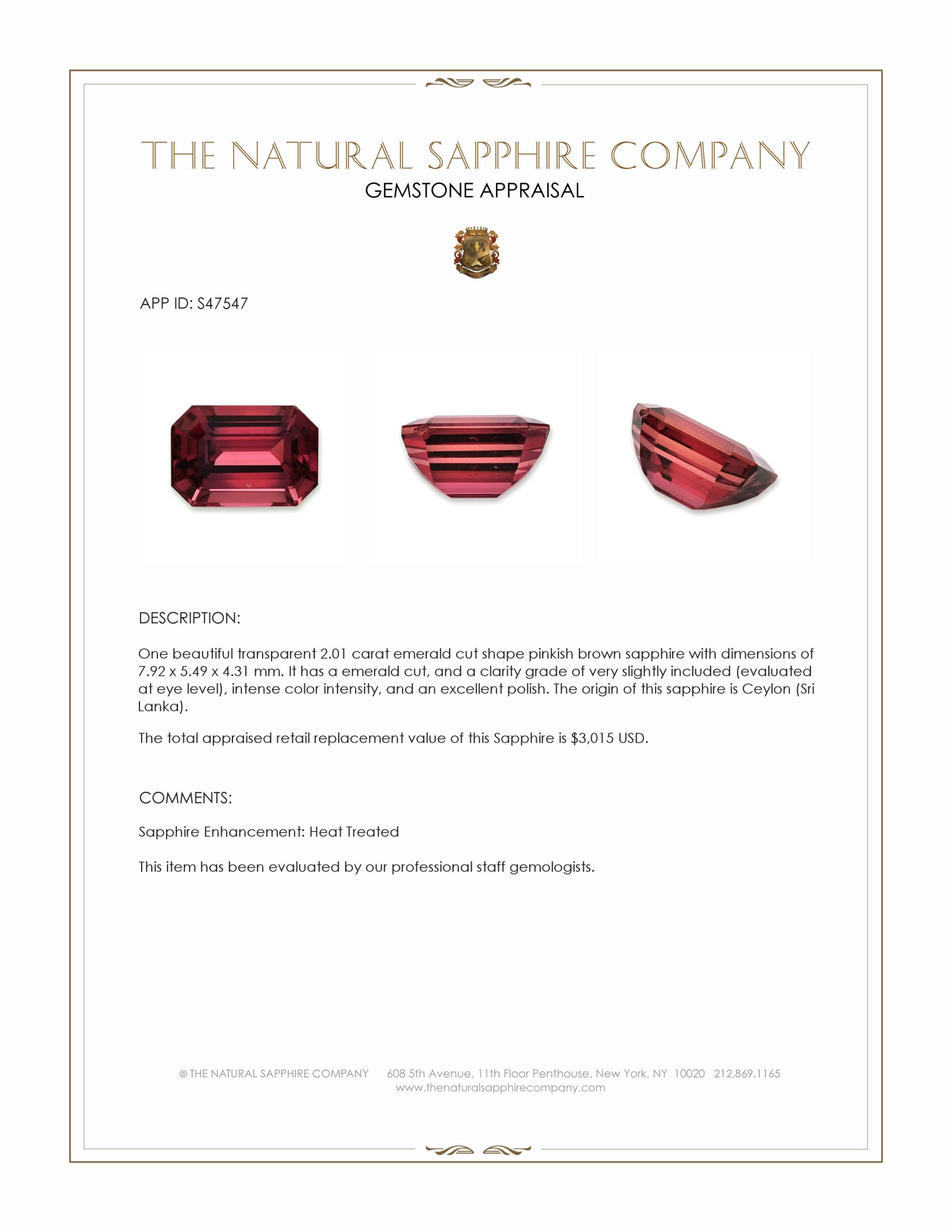 2.01 Ct. Pinkish Brown Sapphire from Ceylon (Sri Lanka)