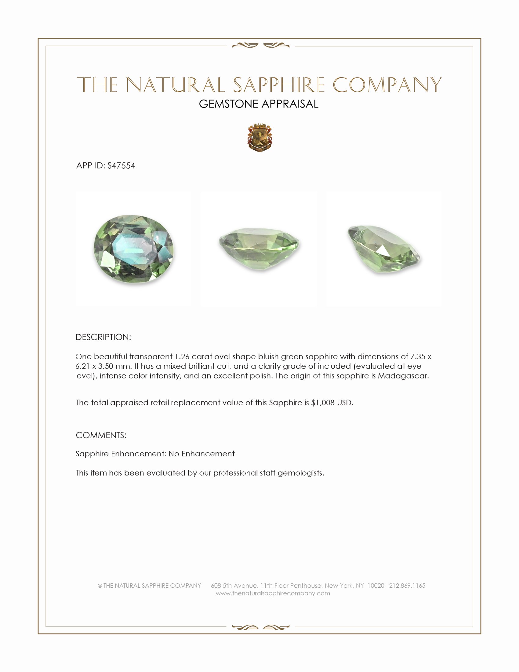 1.26 Ct. Bluish Green Sapphire from Madagascar