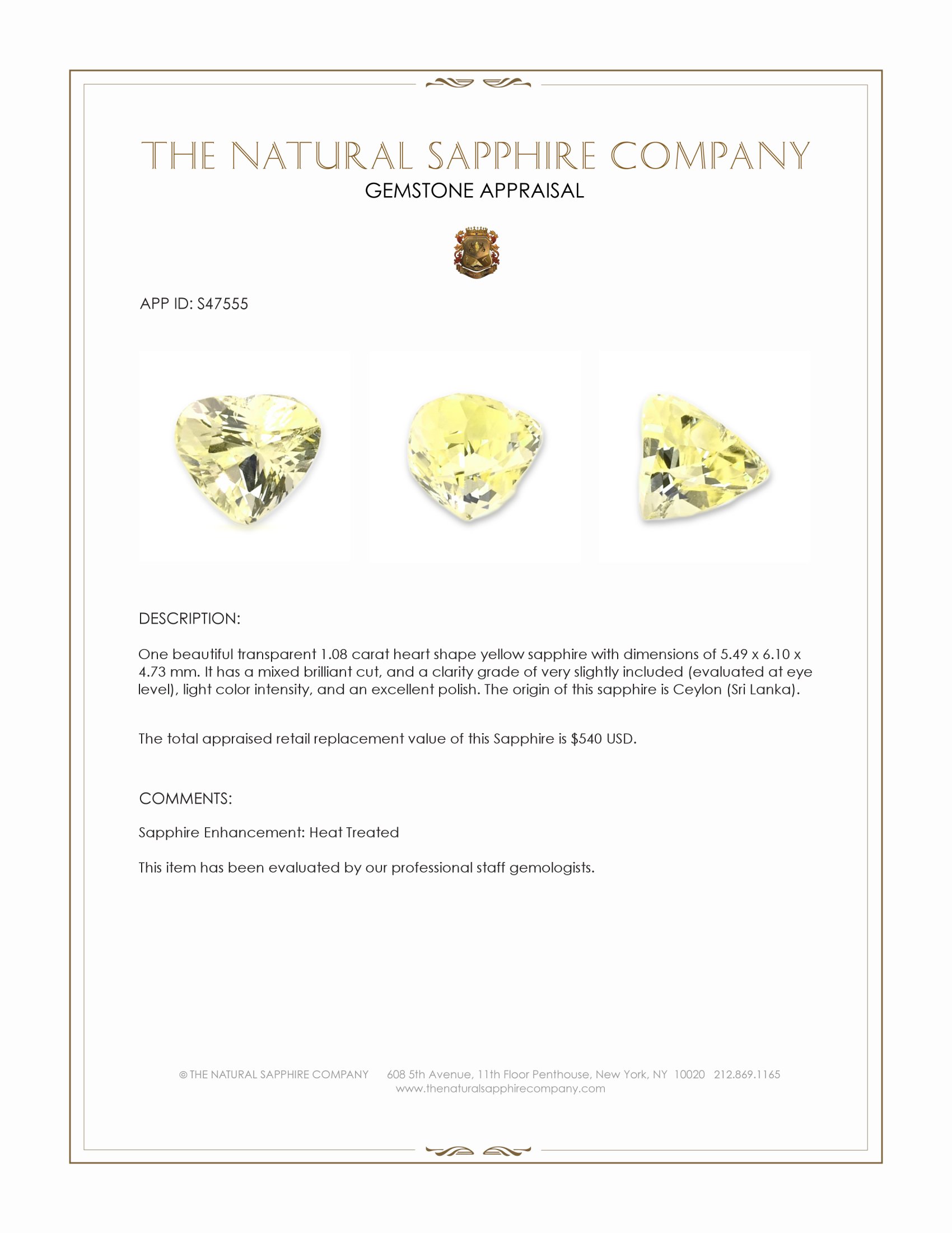 1.08 Ct. Yellow Sapphire from Ceylon (Sri Lanka)