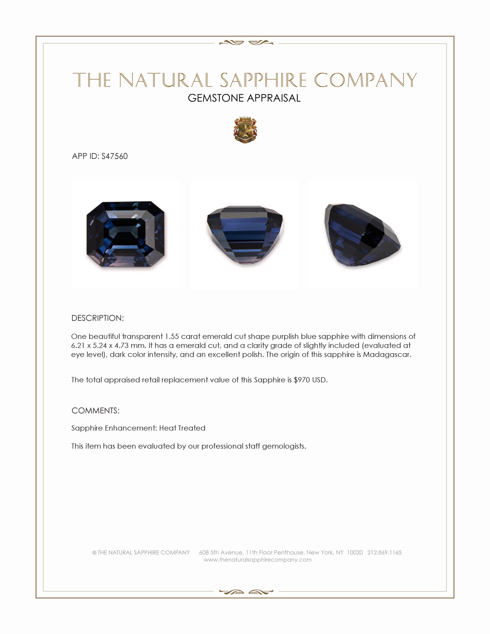 1.55 Ct. Purplish Blue Sapphire from Madagascar