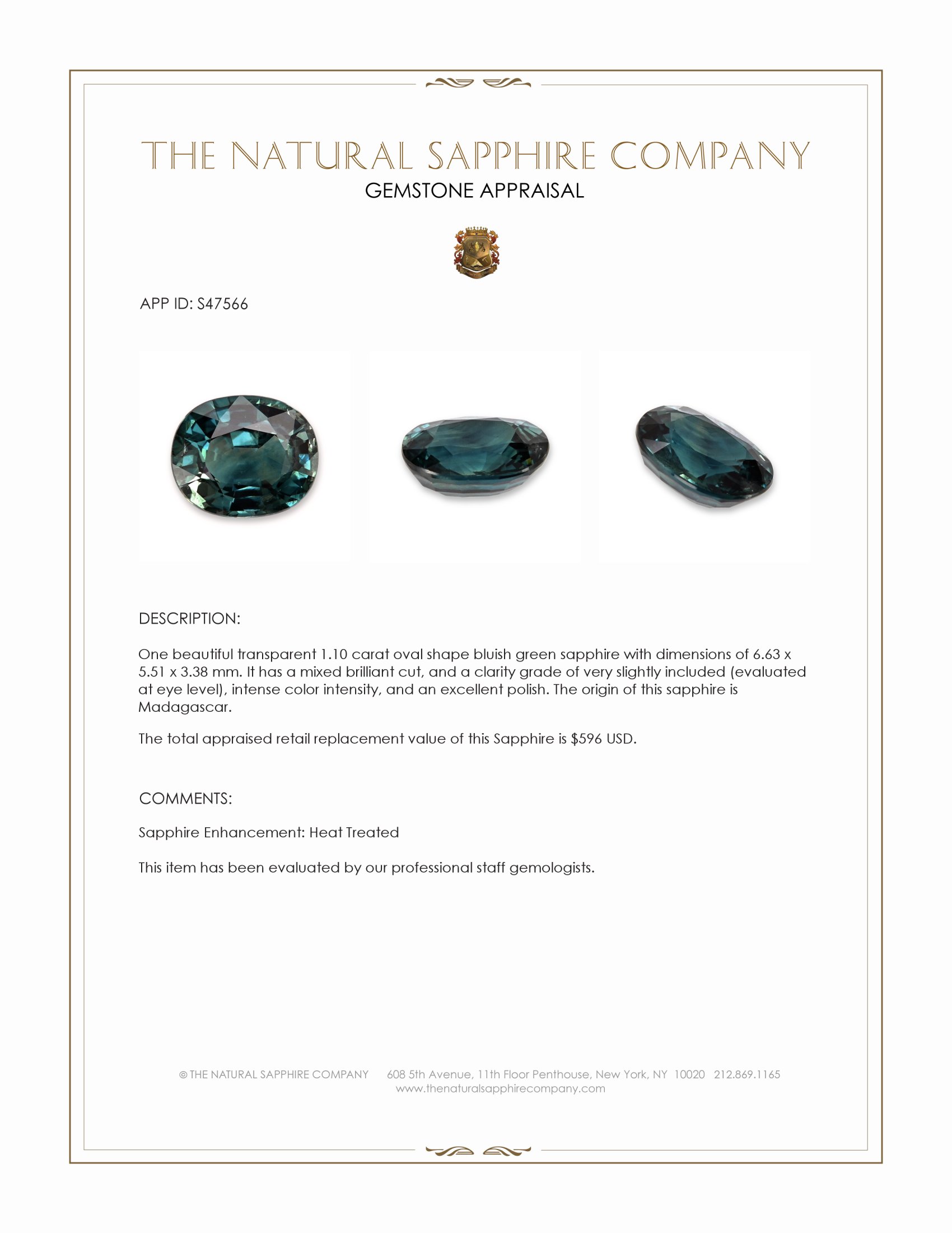 1.10 Ct. Bluish Green Sapphire from Madagascar
