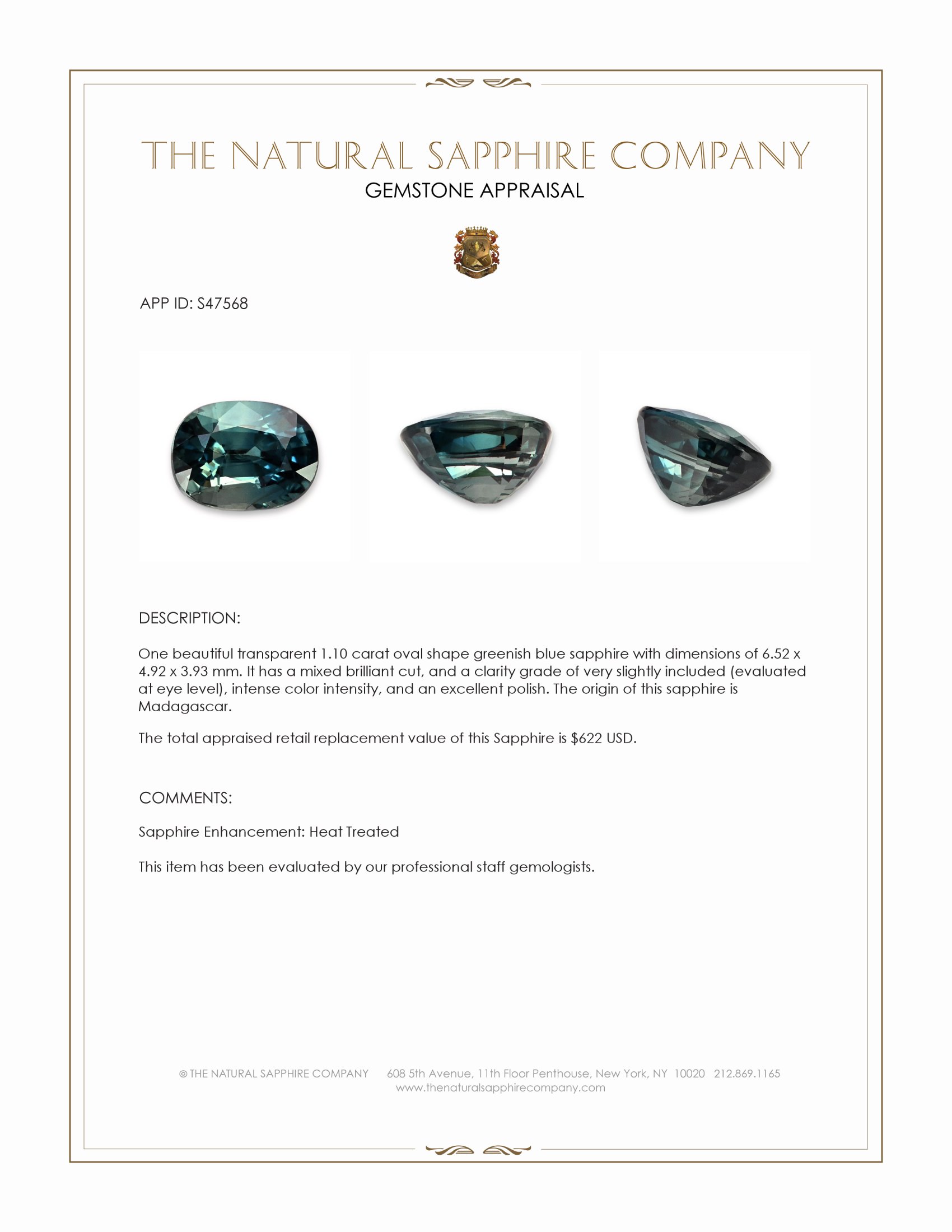 1.10 Ct. Greenish Blue Sapphire from Madagascar
