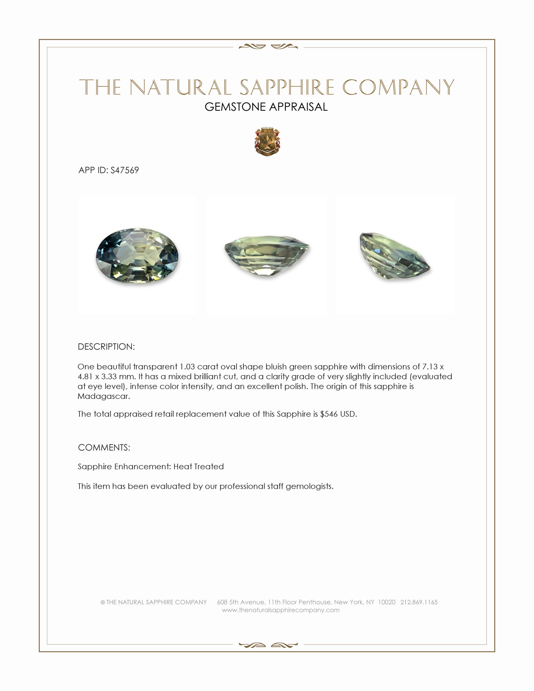 1.03 Ct. Bluish Green Sapphire from Madagascar