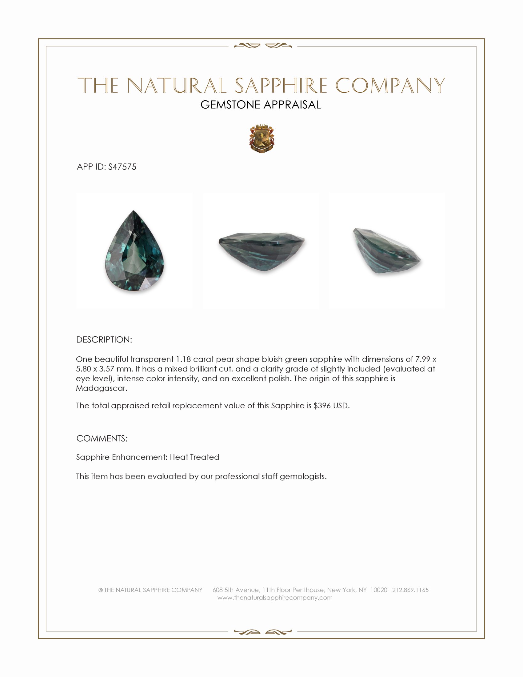 1.18 Ct. Bluish Green Sapphire from Madagascar