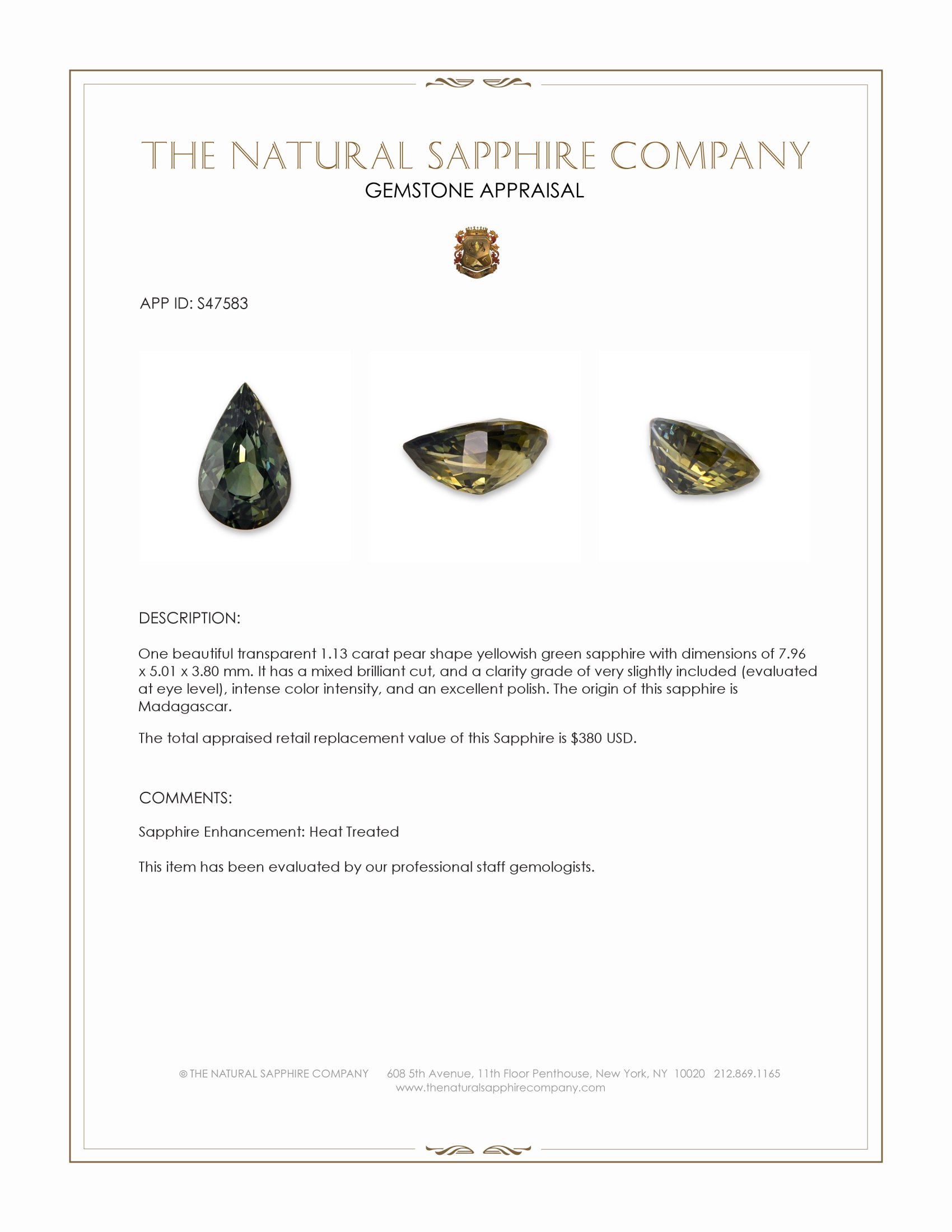 1.13 Ct. Yellowish Green Sapphire from Madagascar