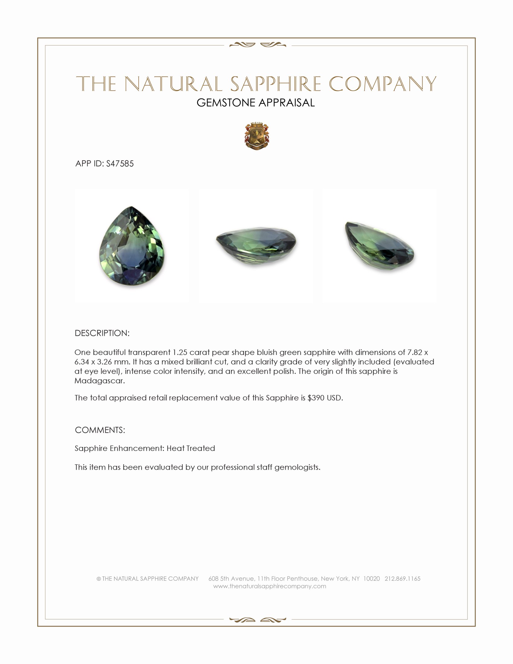 1.25 Ct. Bluish Green Sapphire from Madagascar
