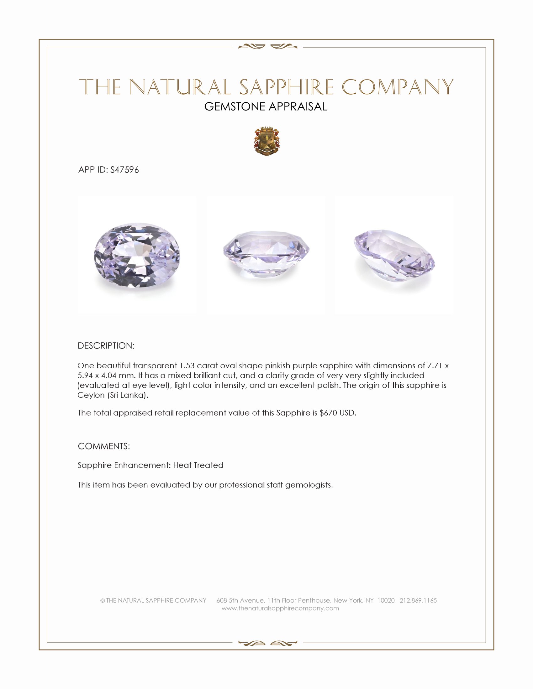 1.53 Ct. Pinkish Purple Sapphire from Ceylon (Sri Lanka)