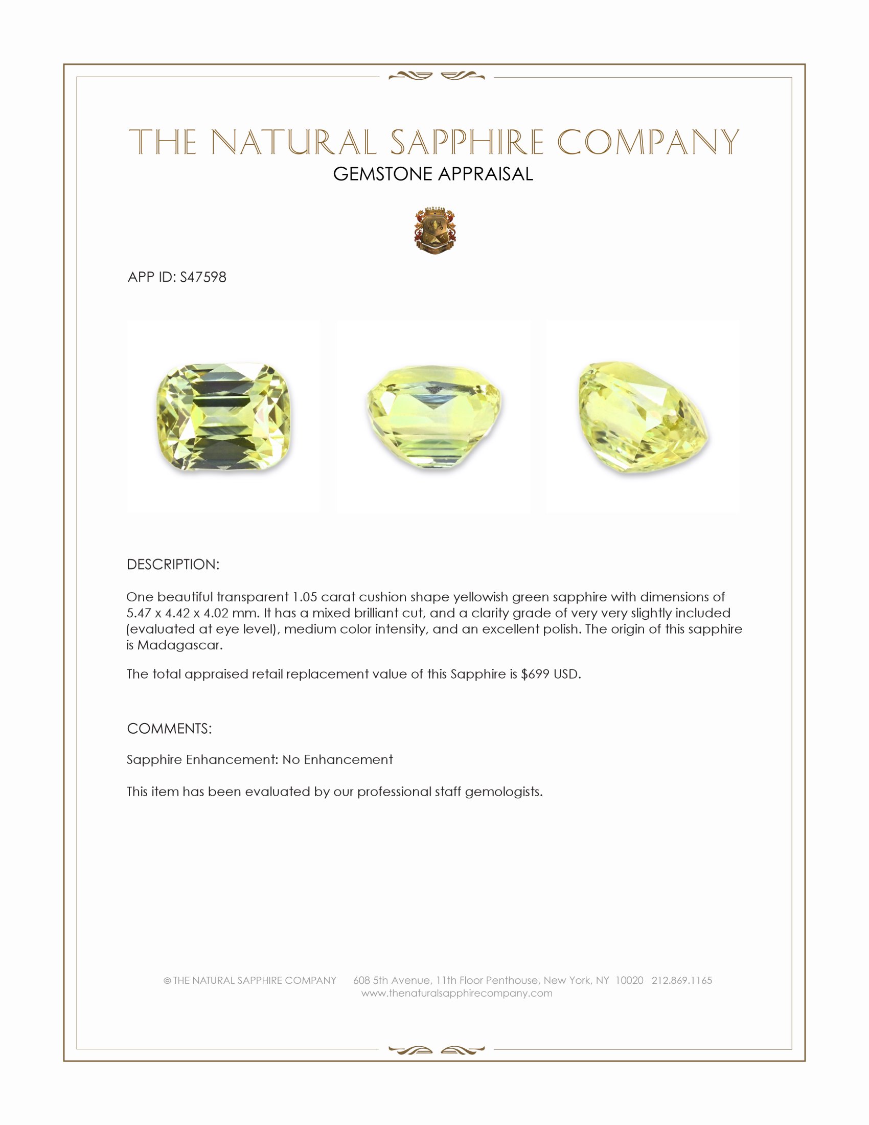 1.05 Ct. Yellowish Green Sapphire from Madagascar