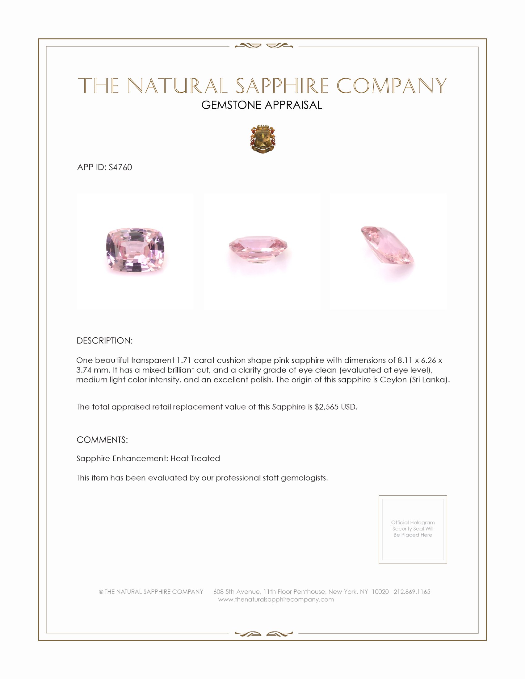 1.71 Ct. Purplish Pink Sapphire from Ceylon (Sri Lanka)