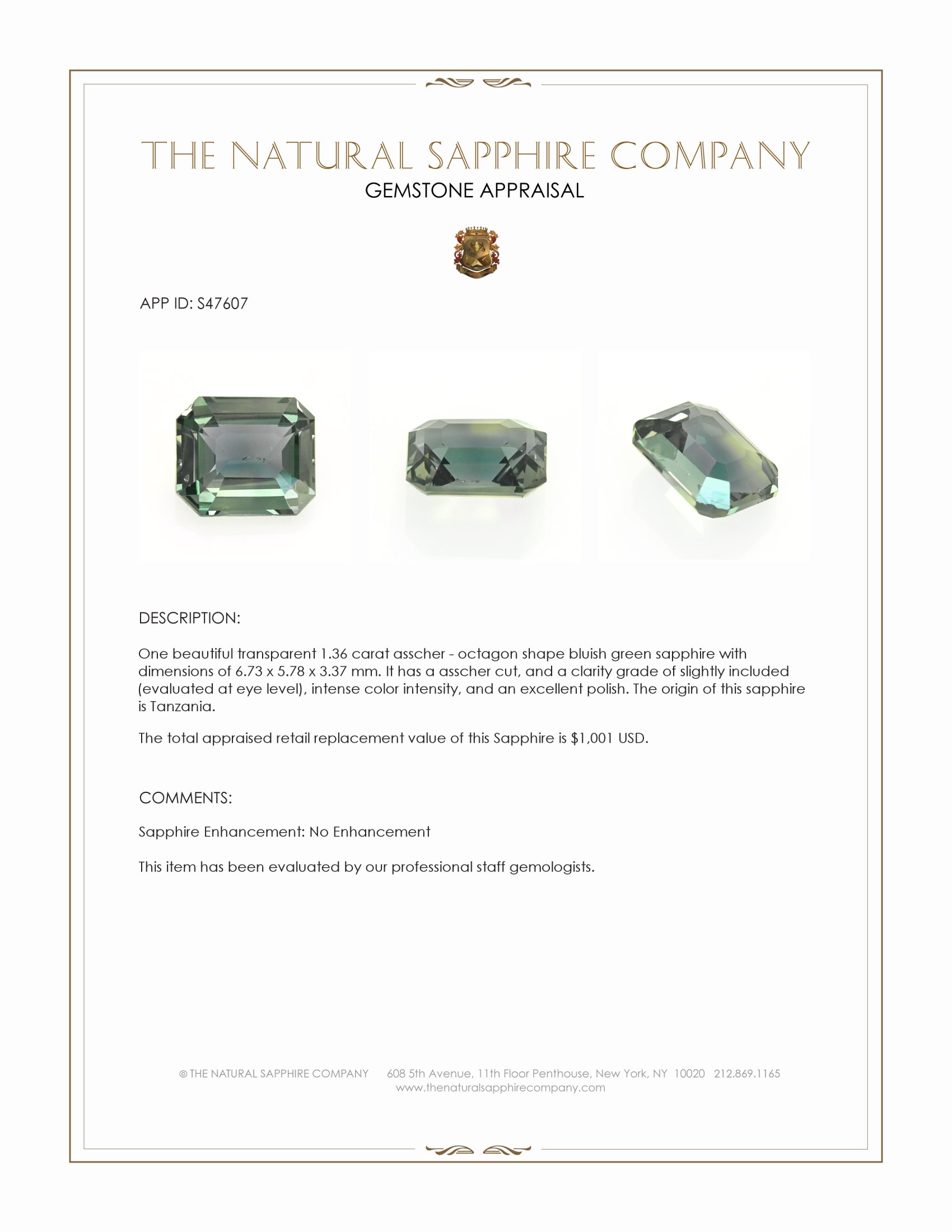 1.36 Ct. Bluish Green Sapphire from Tanzania