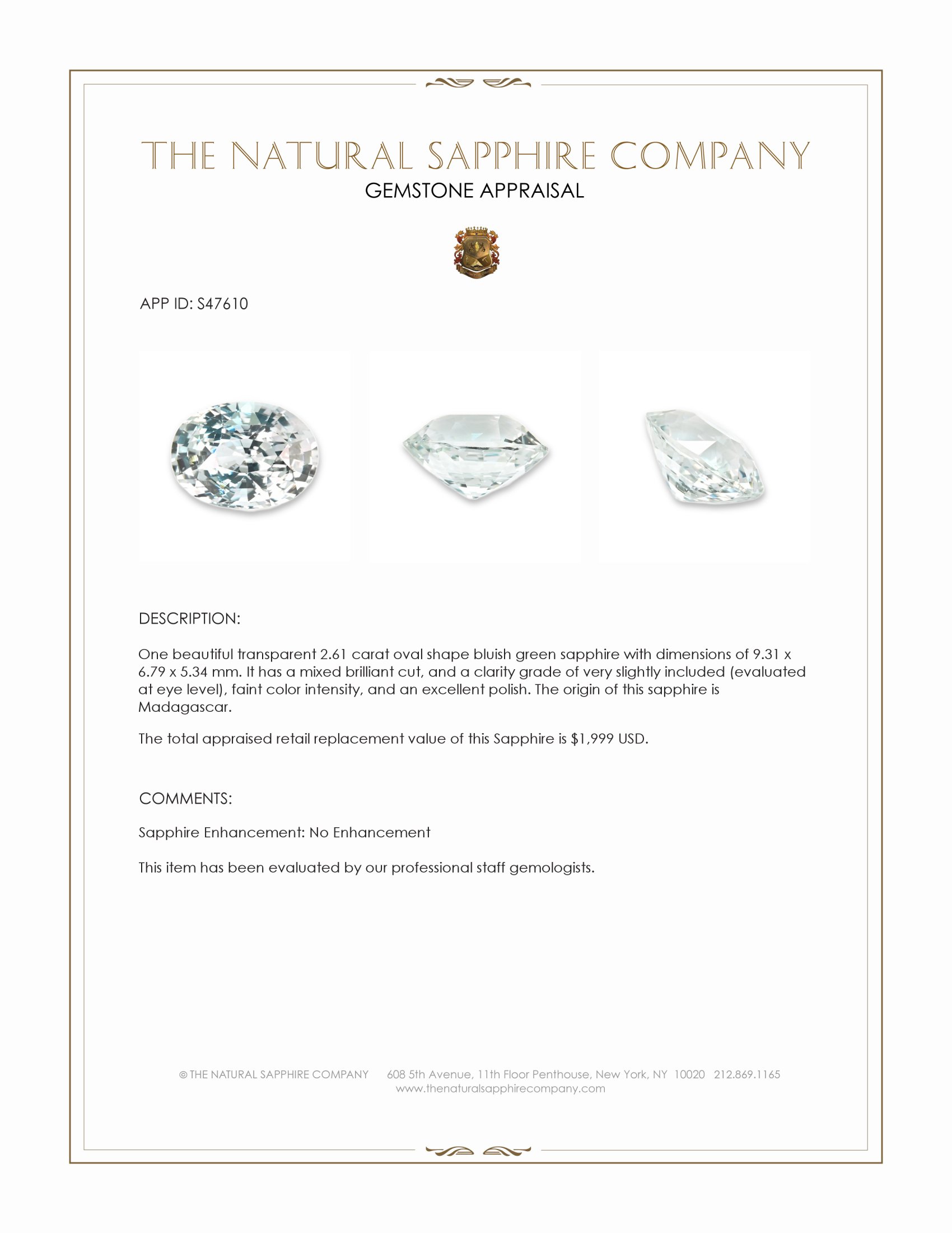 2.61 Ct. Bluish Green Sapphire from Madagascar
