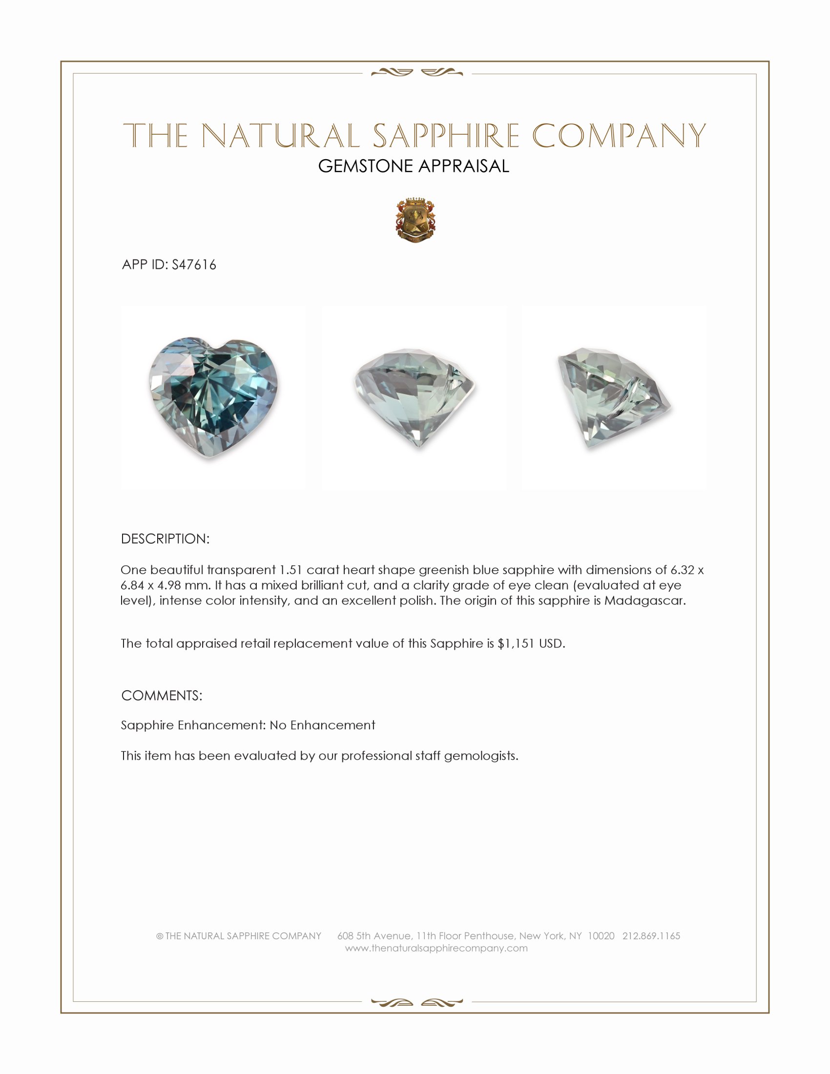 1.51 Ct. Greenish Blue Sapphire from Madagascar