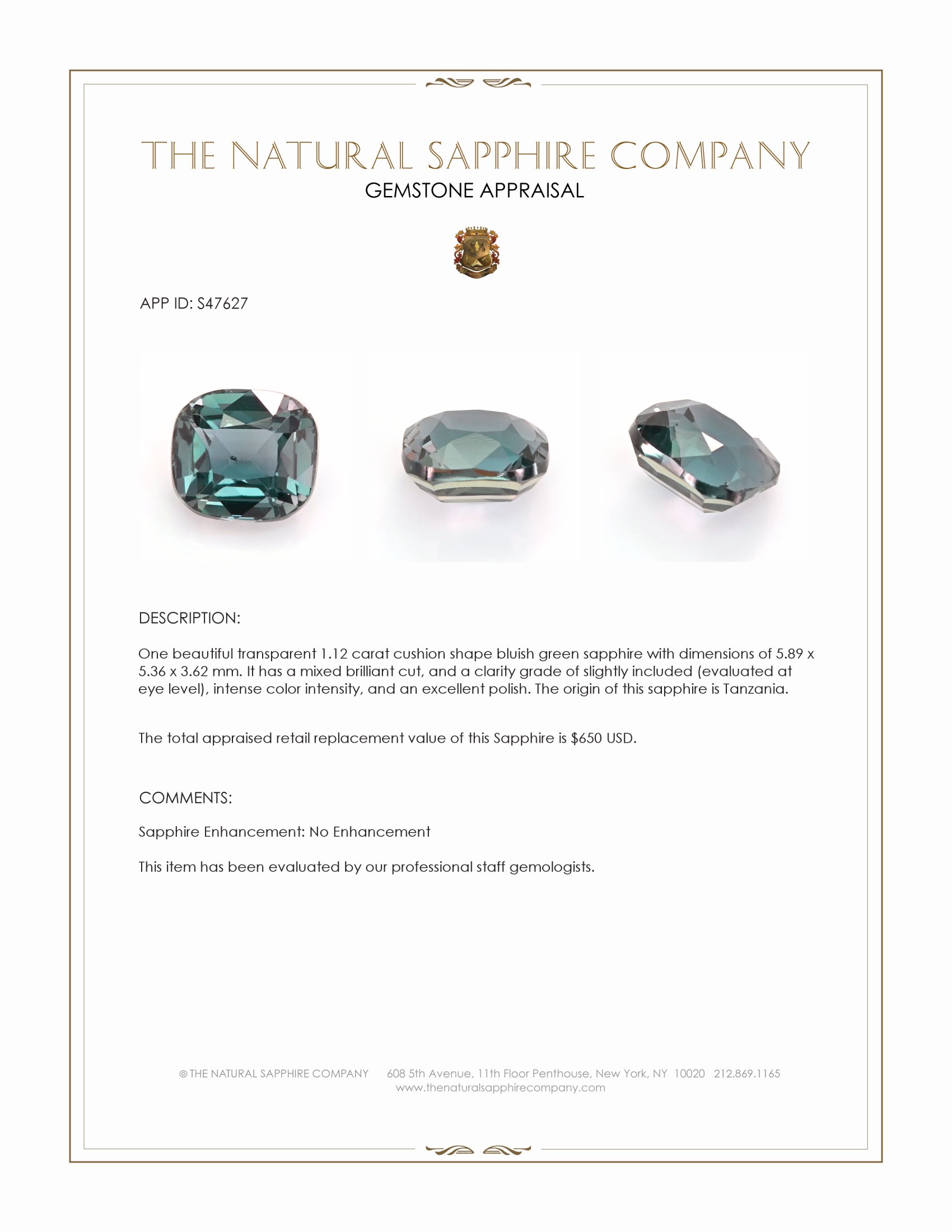 1.12 Ct. Bluish Green Sapphire from Tanzania