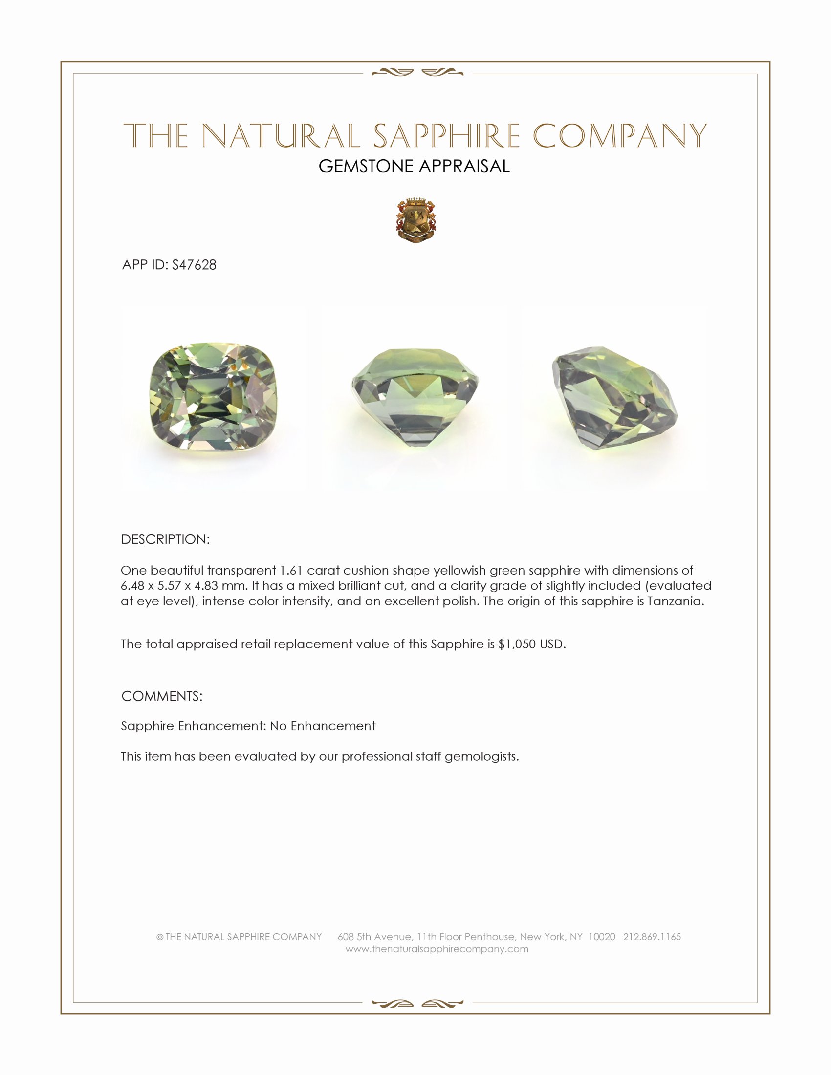 1.61 Ct. Yellowish Green Sapphire from Tanzania