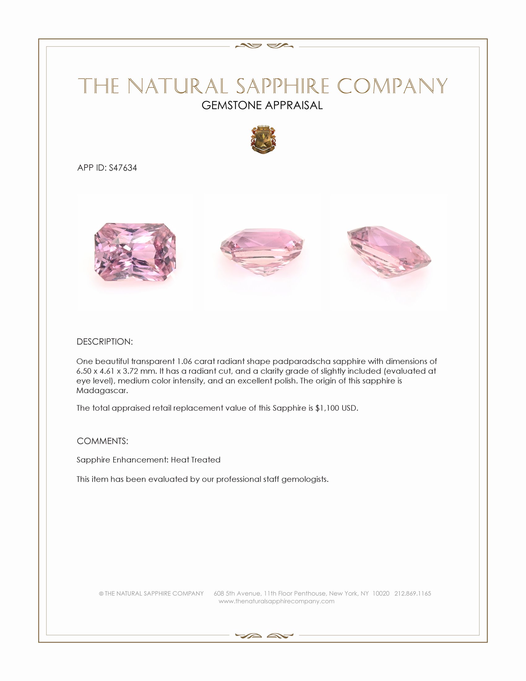 1.06 Ct. Padparadscha Sapphire from Madagascar