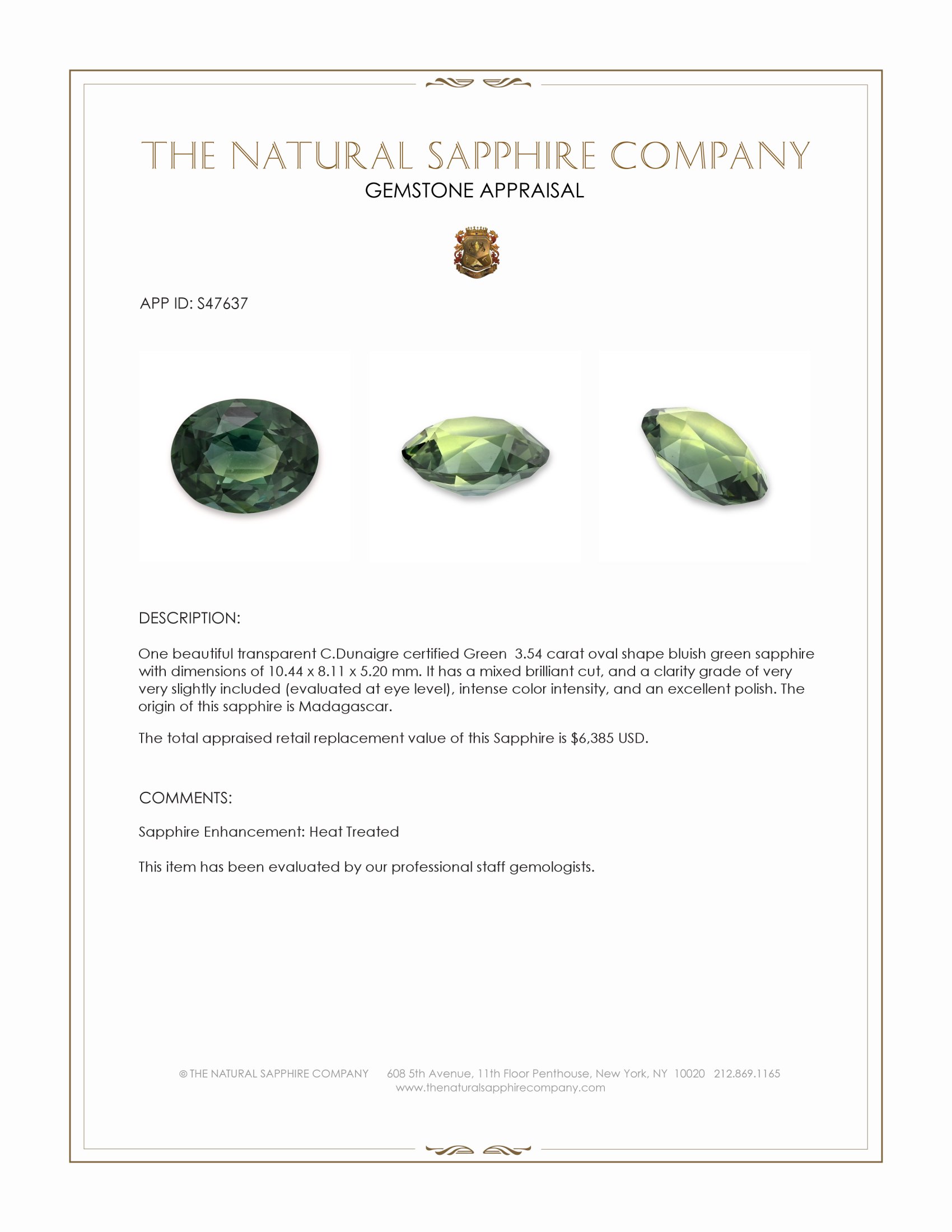 3.54 Ct. Bluish Green Sapphire from Madagascar