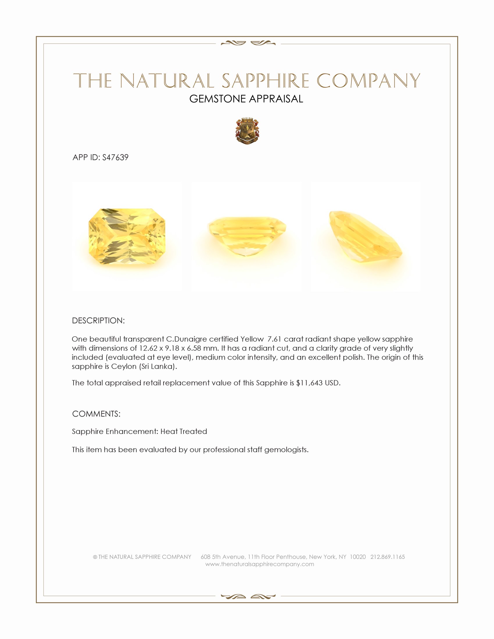 7.61 Ct. Yellow Sapphire from Ceylon (Sri Lanka)