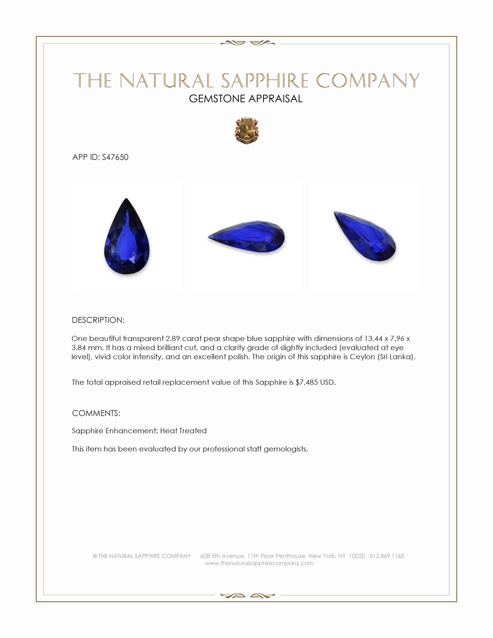 2.89 Ct. Blue Sapphire from Ceylon (Sri Lanka)