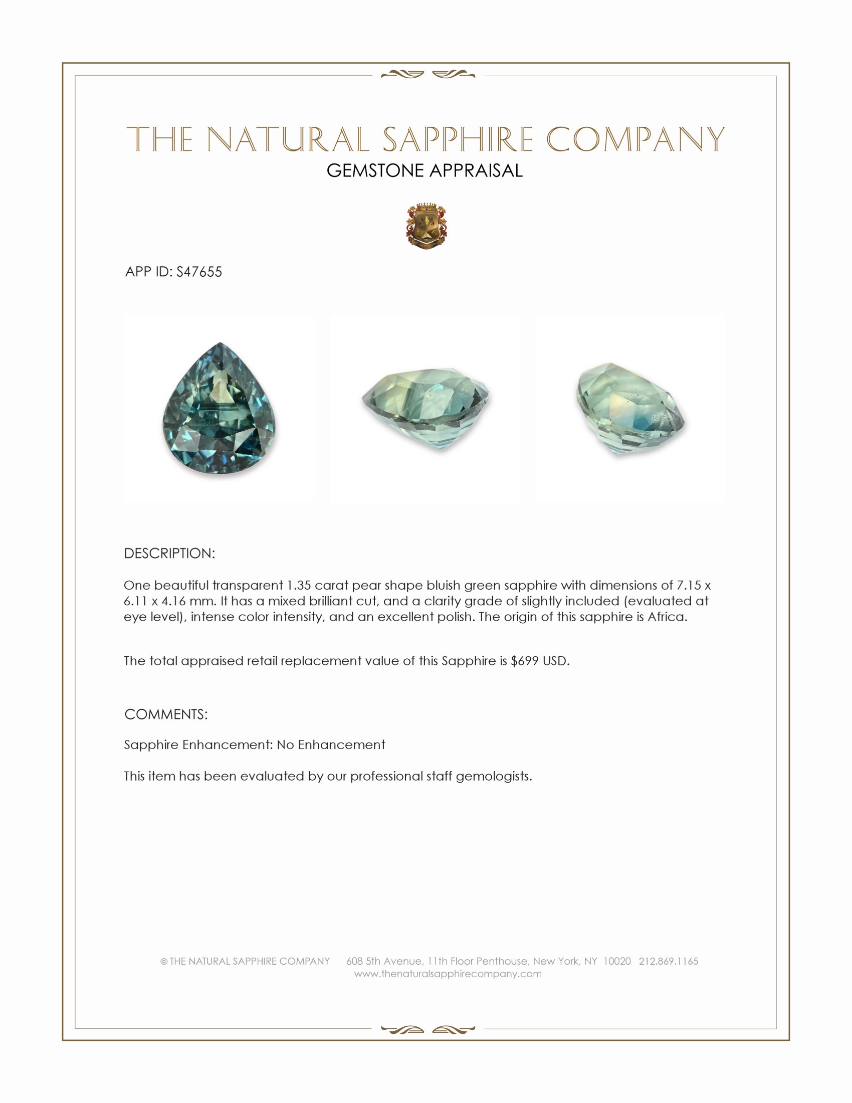 1.35 Ct. Bluish Green Sapphire from Africa