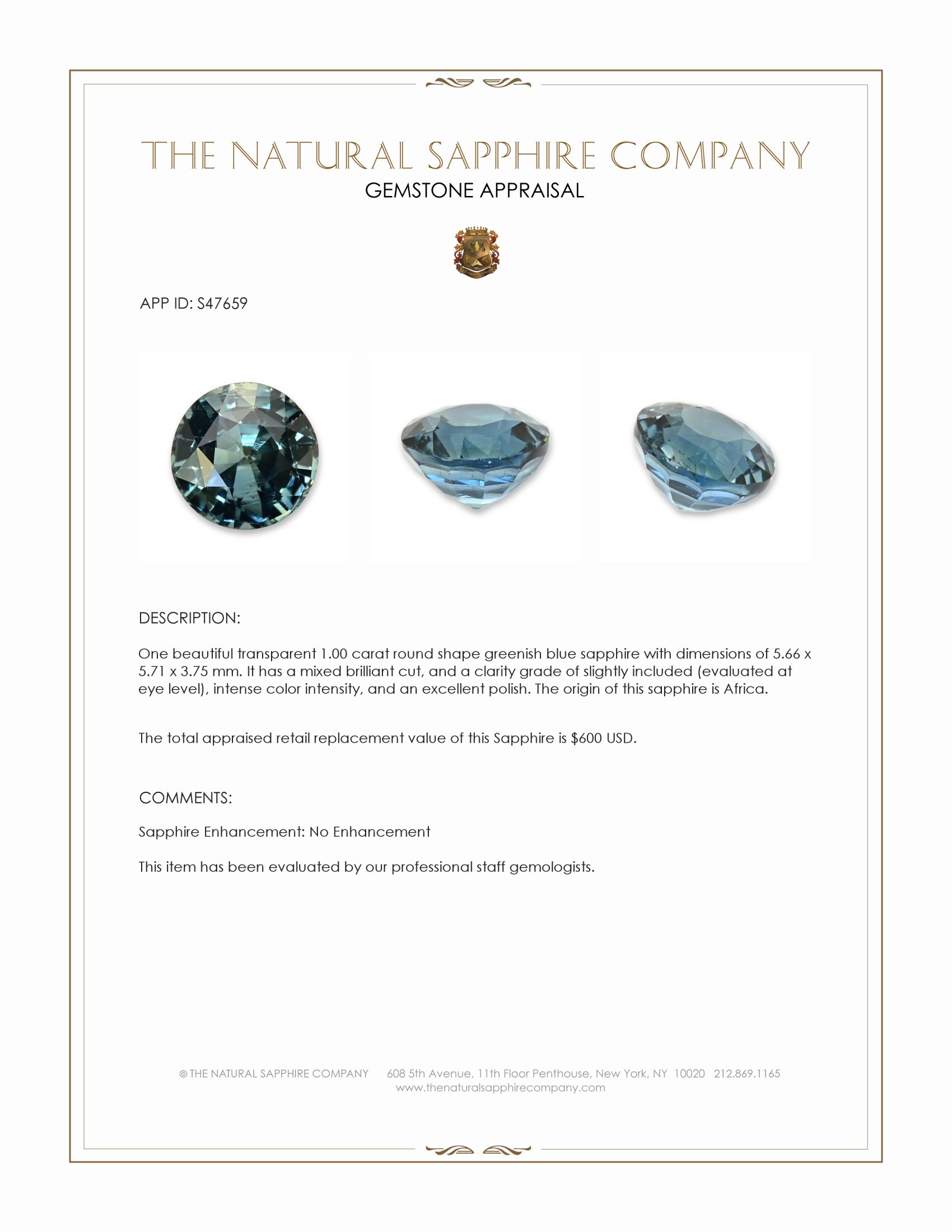 1.00 Ct. Greenish Blue Sapphire from Africa