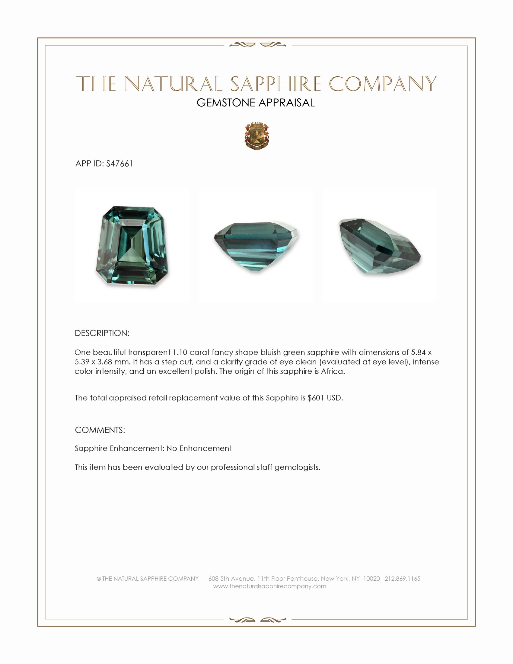 1.10 Ct. Bluish Green Sapphire from Africa