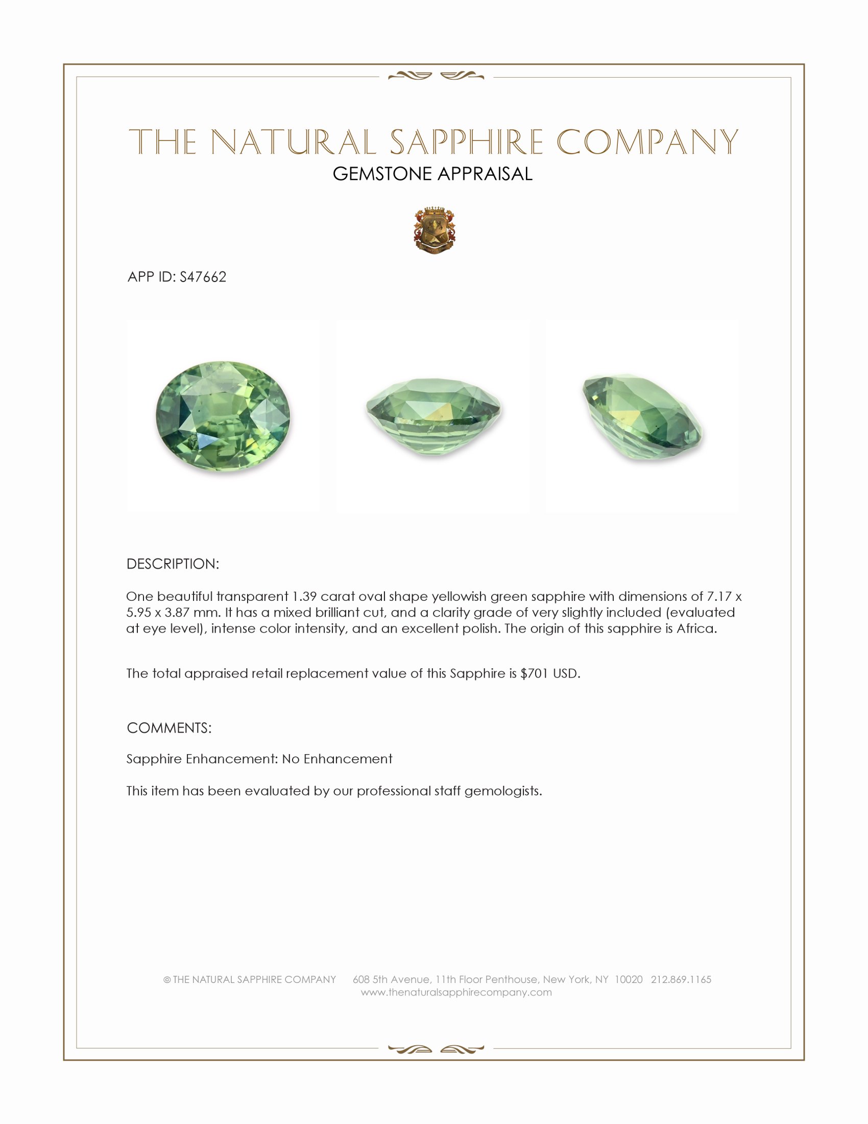 1.39 Ct. Yellowish Green Sapphire from Africa