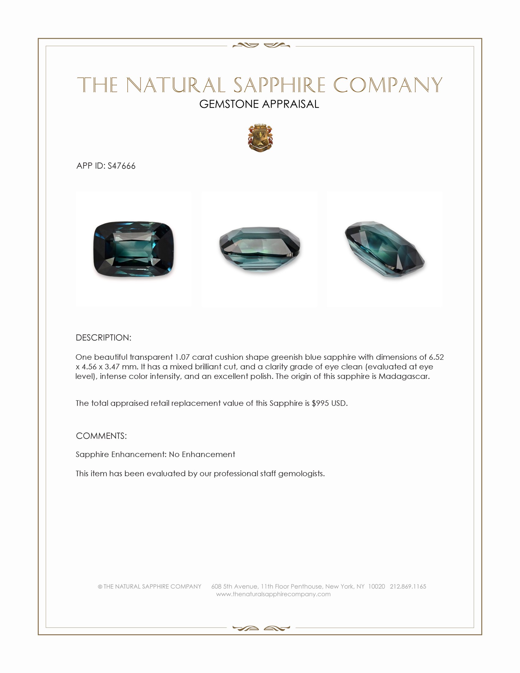 1.07 Ct. Greenish Blue Sapphire from Madagascar