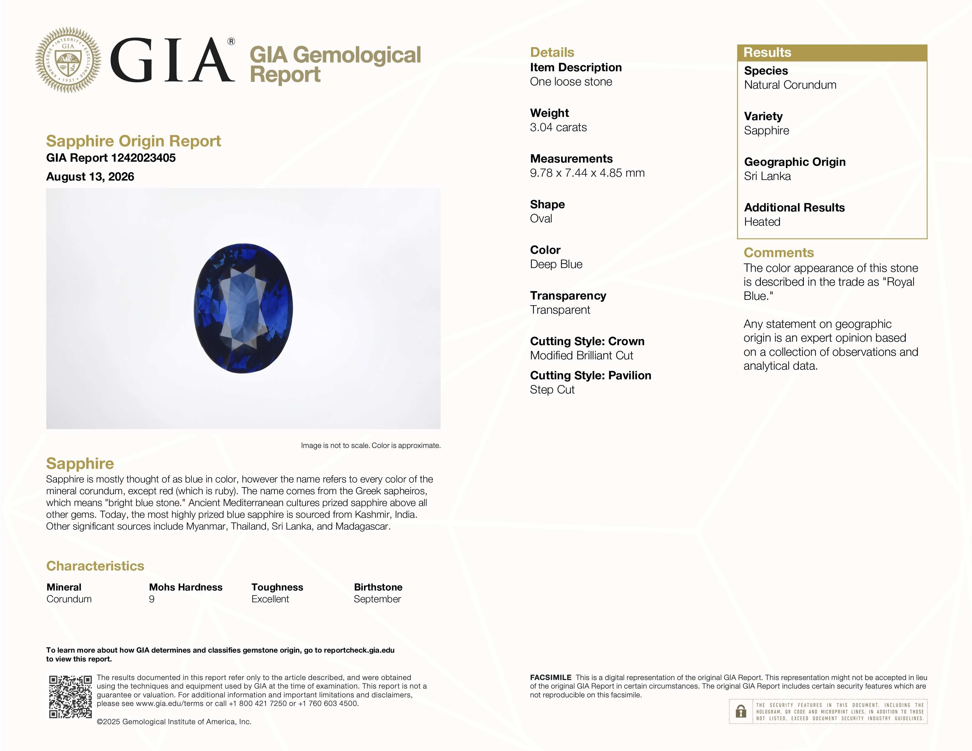 3.04 Ct. Blue Sapphire from Ceylon (Sri Lanka)