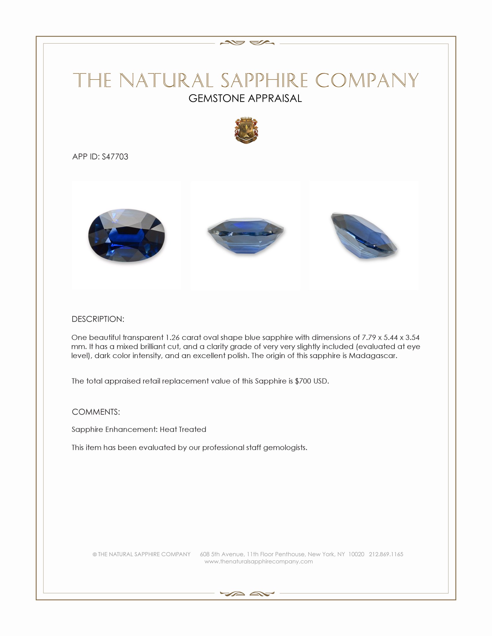 1.26 Ct. Blue Sapphire from Madagascar
