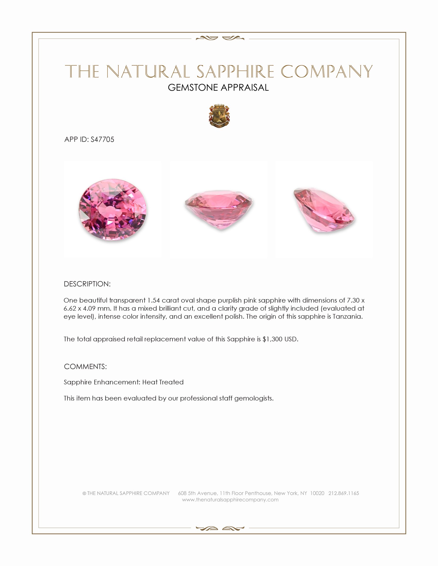 1.54 Ct. Purplish Pink Sapphire from Tanzania