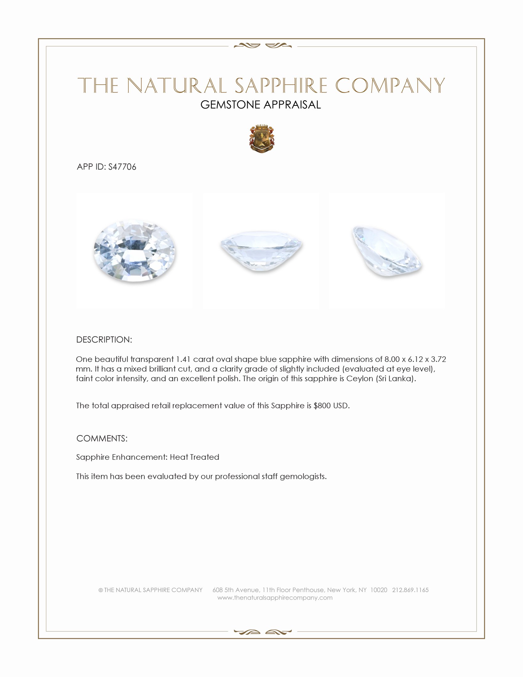 1.41 Ct. Blue Sapphire from Ceylon (Sri Lanka)