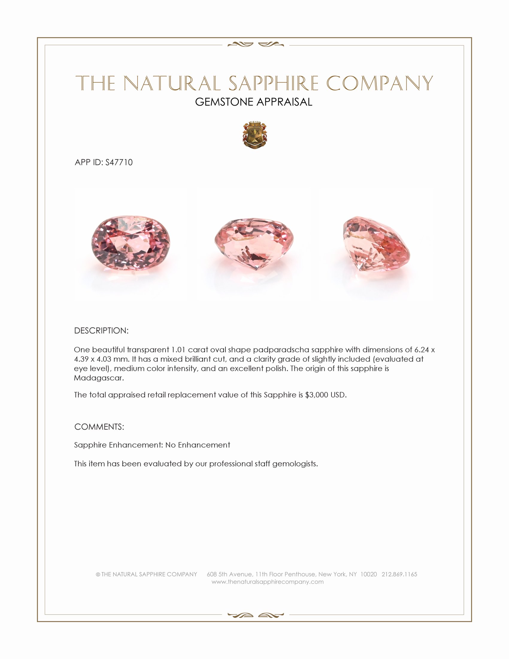1.01 Ct. Padparadscha Sapphire from Madagascar