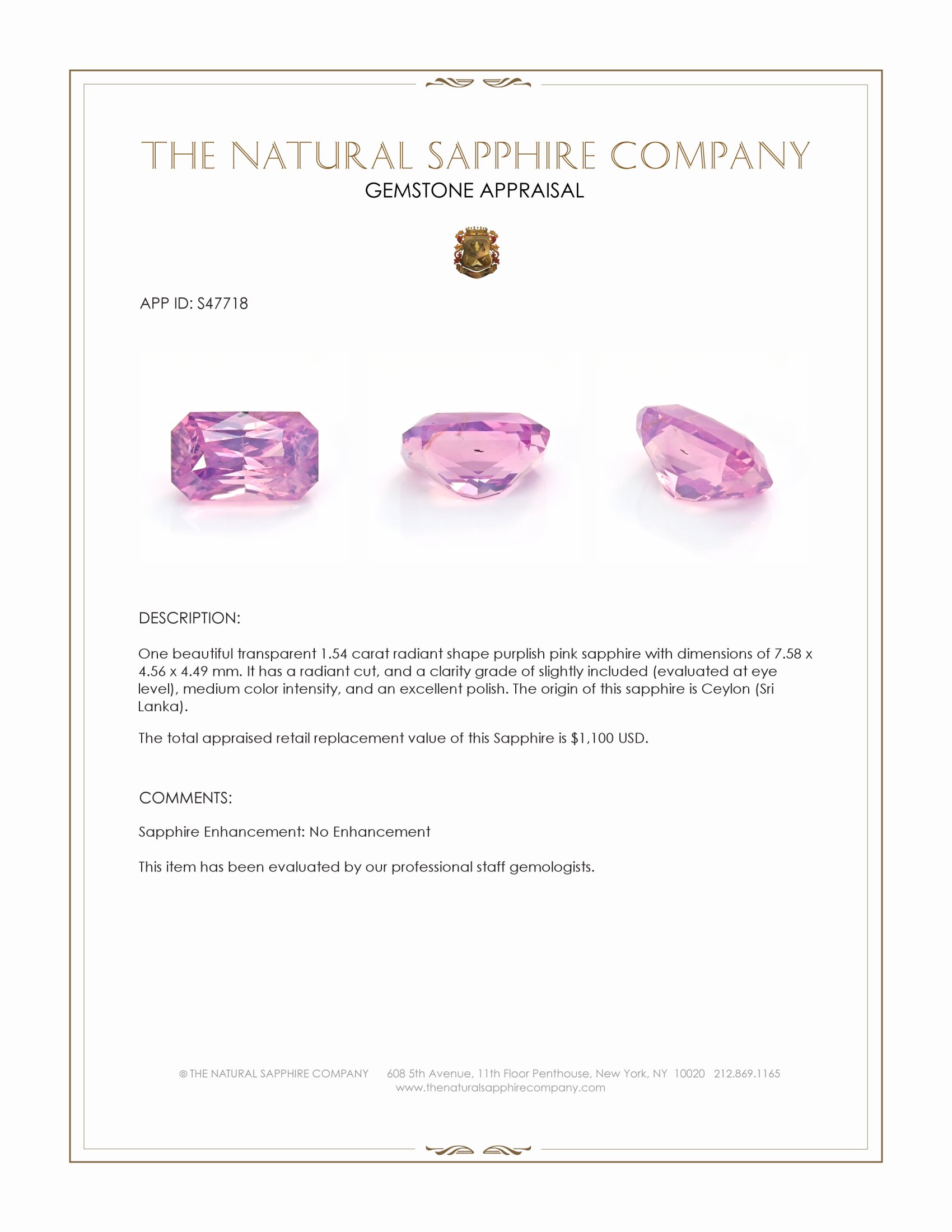 1.54 Ct. Purplish Pink Sapphire from Ceylon (Sri Lanka)