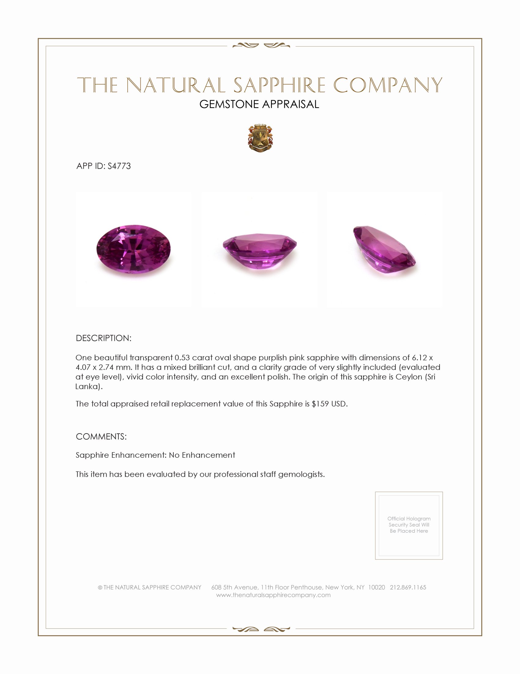 0.53 Ct. Purplish Pink Sapphire from Ceylon (Sri Lanka)