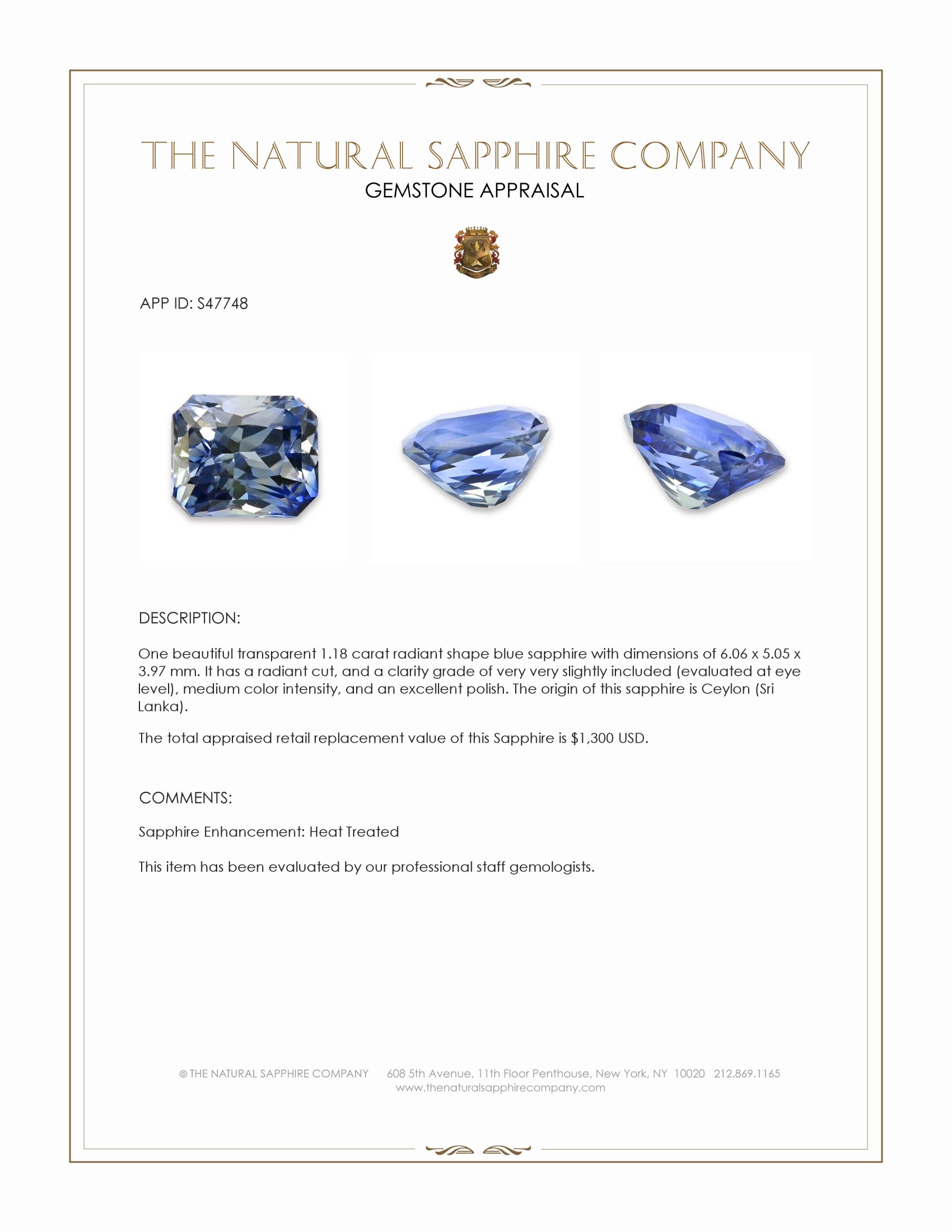 1.18 Ct. Blue Sapphire from Ceylon (Sri Lanka)